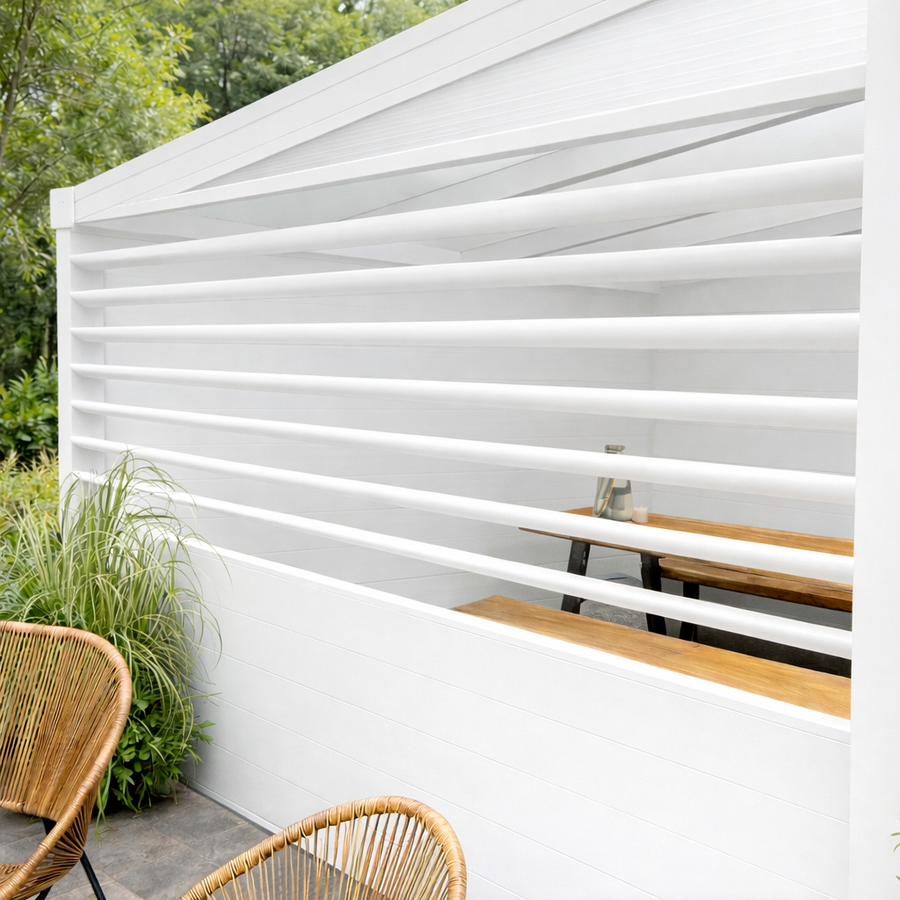 Rotatable aluminium louvre side panel in anthracite on a veranda with slats open