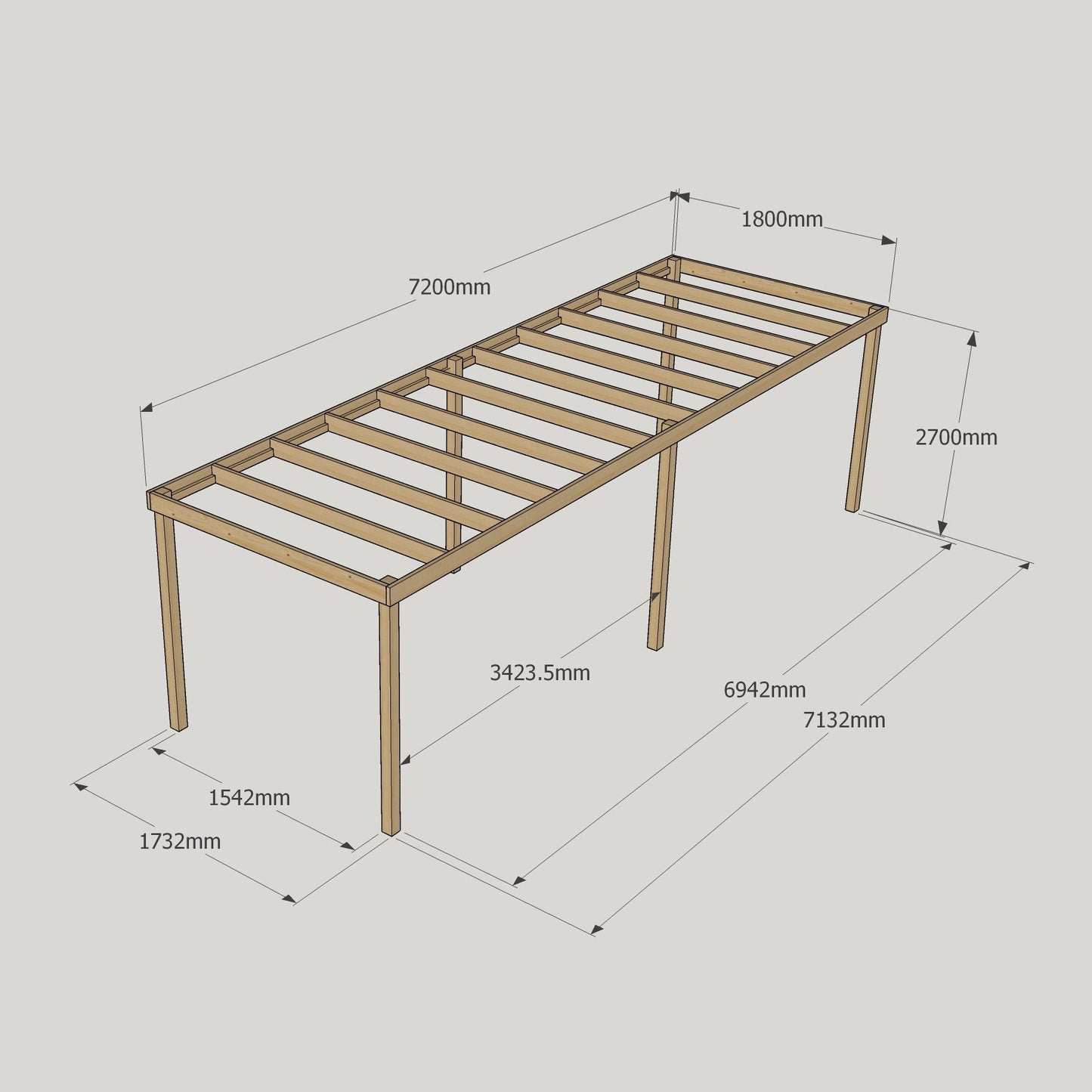 Freestanding Box Pergola - Rustic Brown - 1.8m Width x 7.2m Length