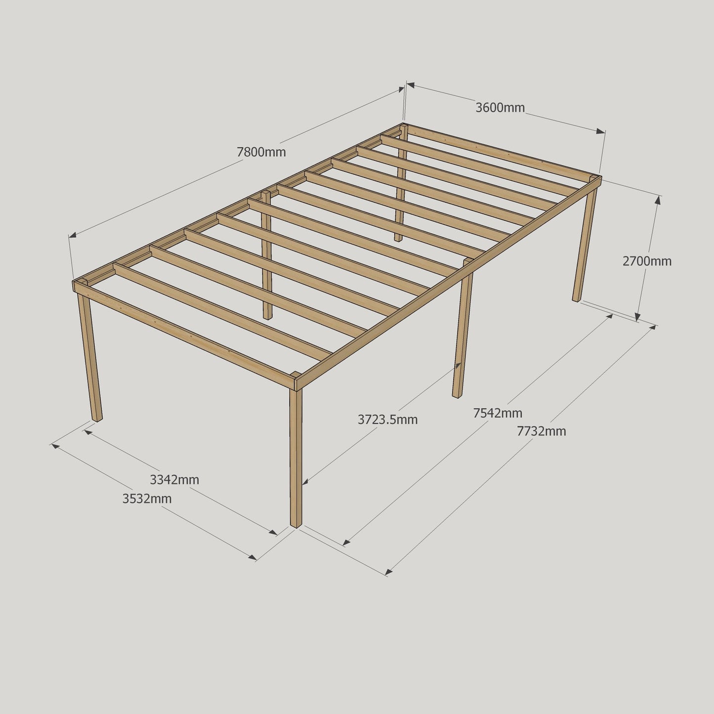 Freestanding Box Pergola - Rustic Brown - 3.6m Width x 7.8m Length