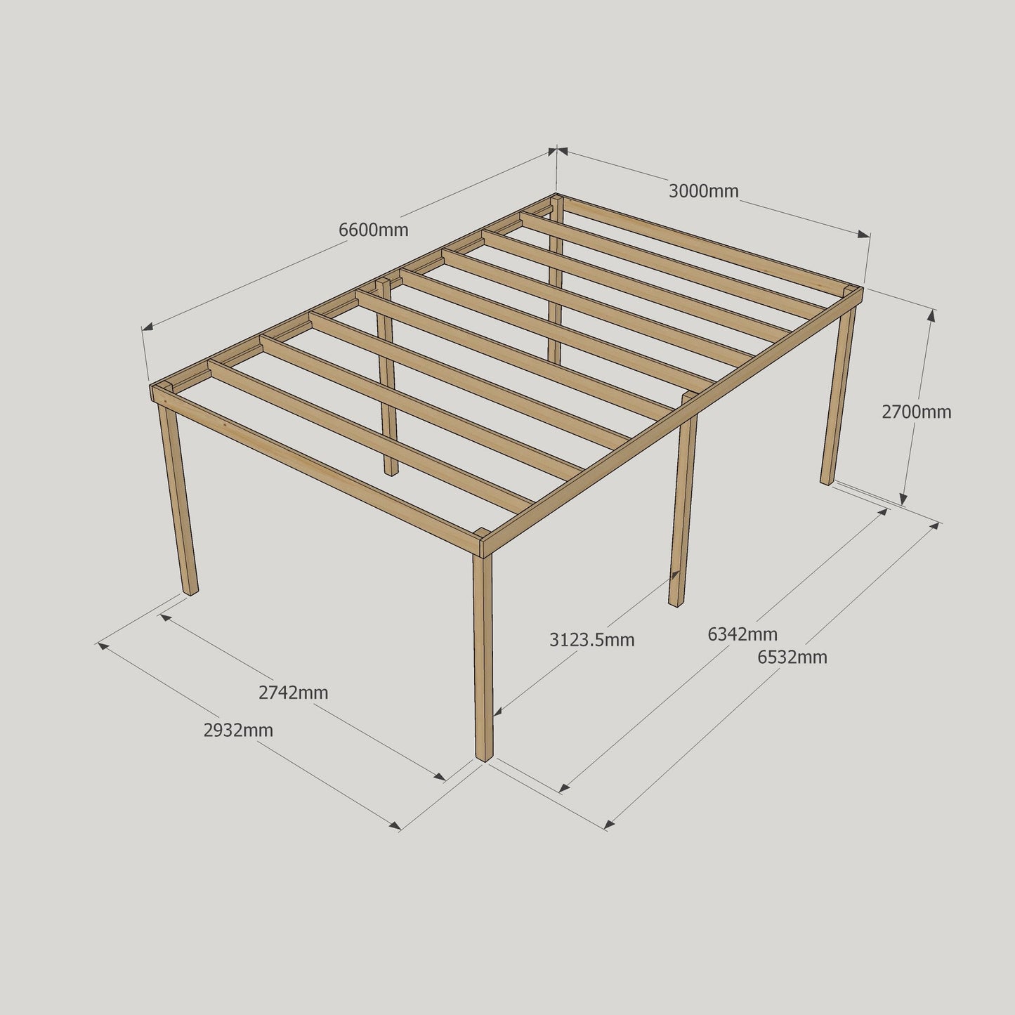 Freestanding Box Pergola - Rustic Brown - 3m Width x 6.6m Length
