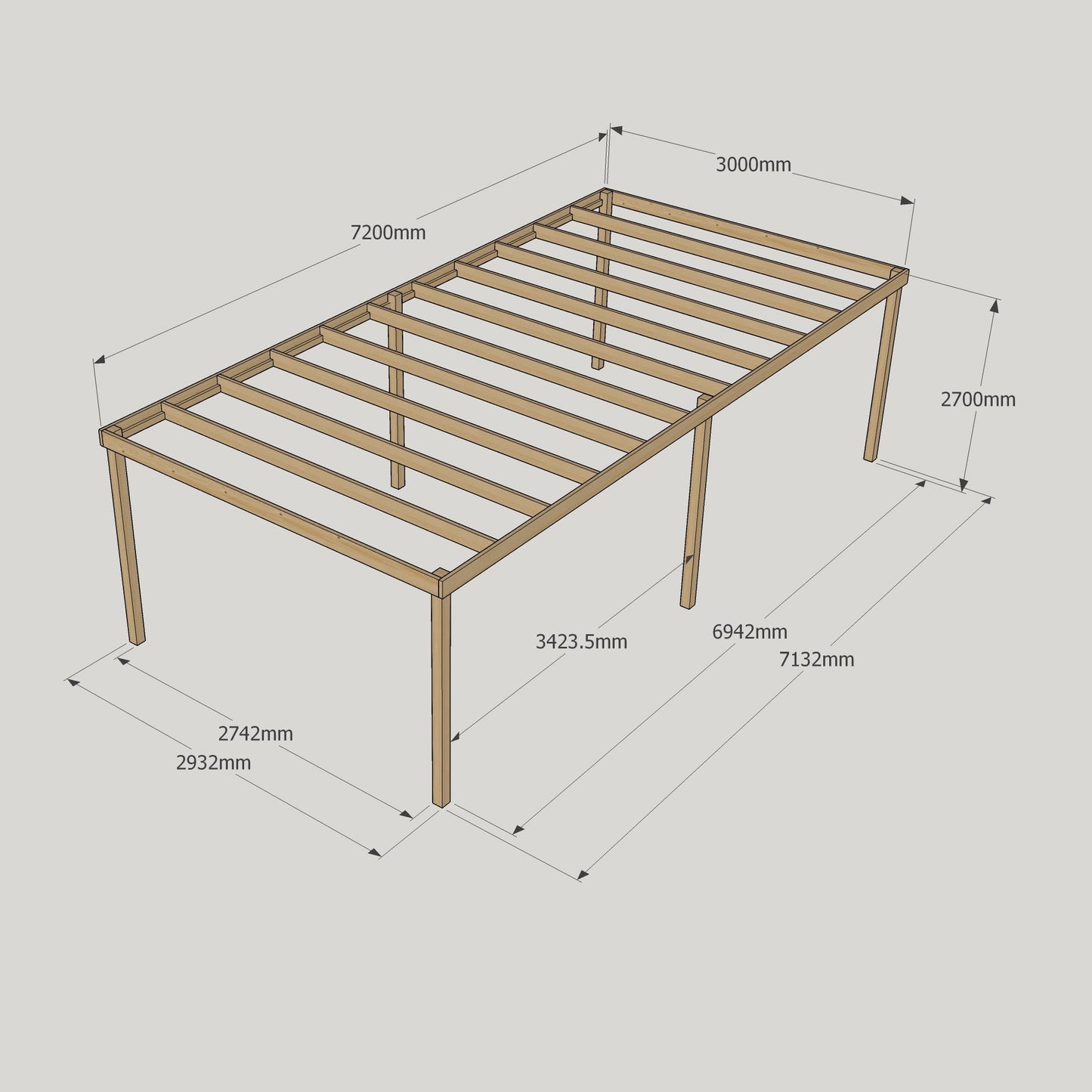 Freestanding Box Pergola - Rustic Brown - 3m Width x 7.2m Length