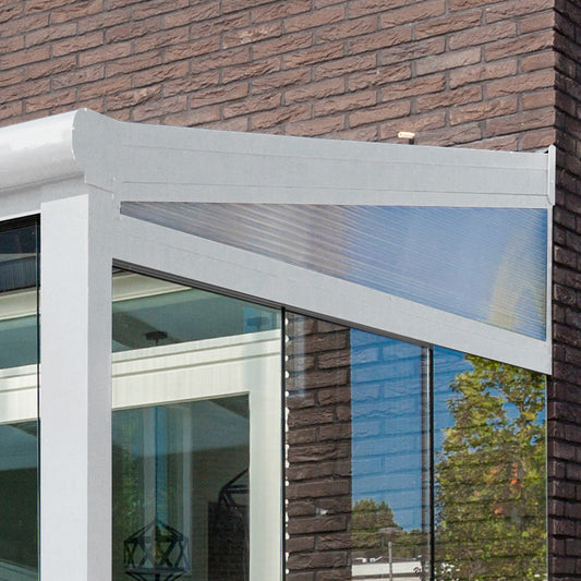 Polycarbonate key frame panel in white F-profile frame, gable end installation