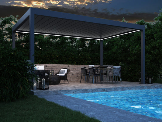 Portico pergola in white wall-mounted with louvres open, outdoor seating below