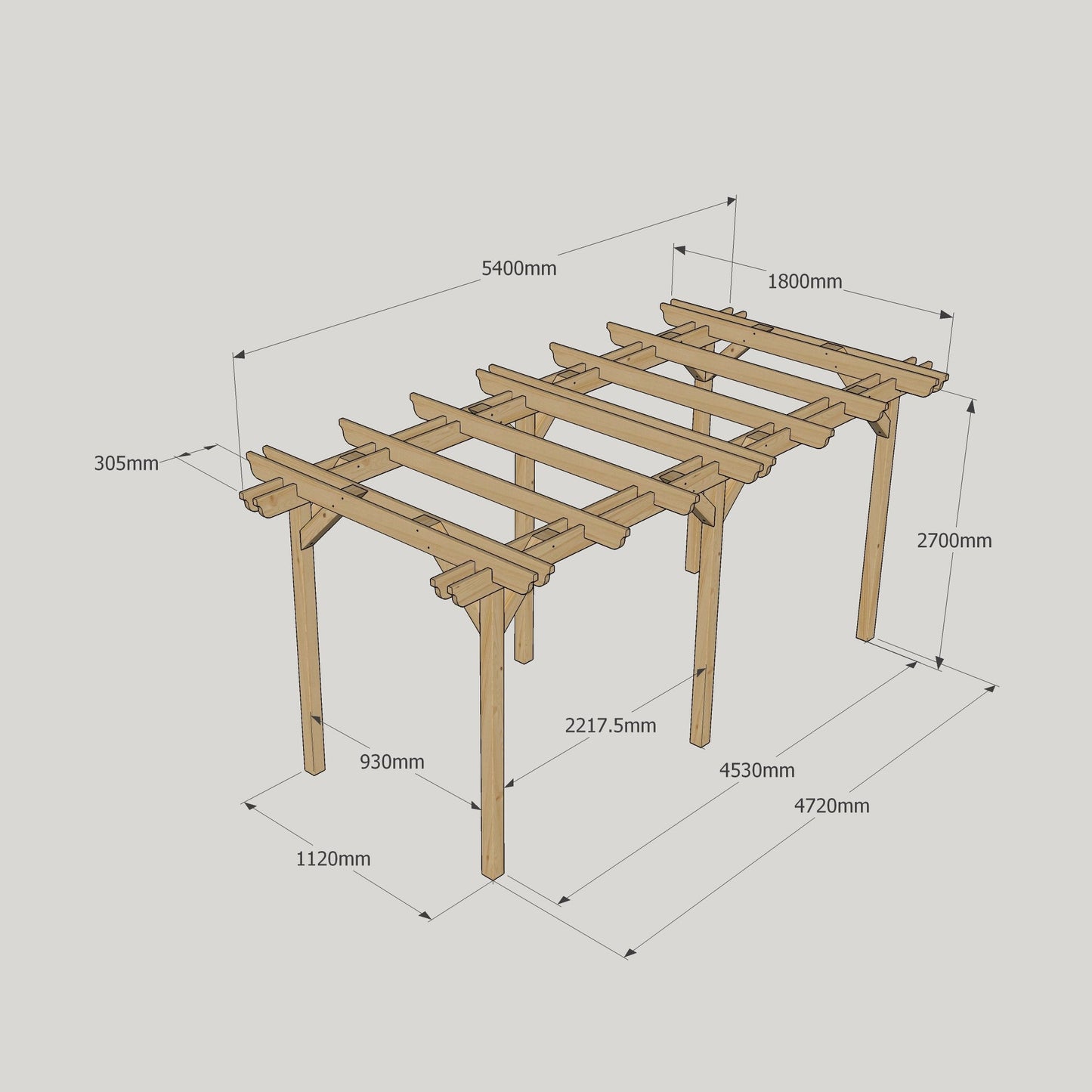 Freestanding Double Garden Pergola - Rustic Brown - 1.8m Width x 5.4m Length