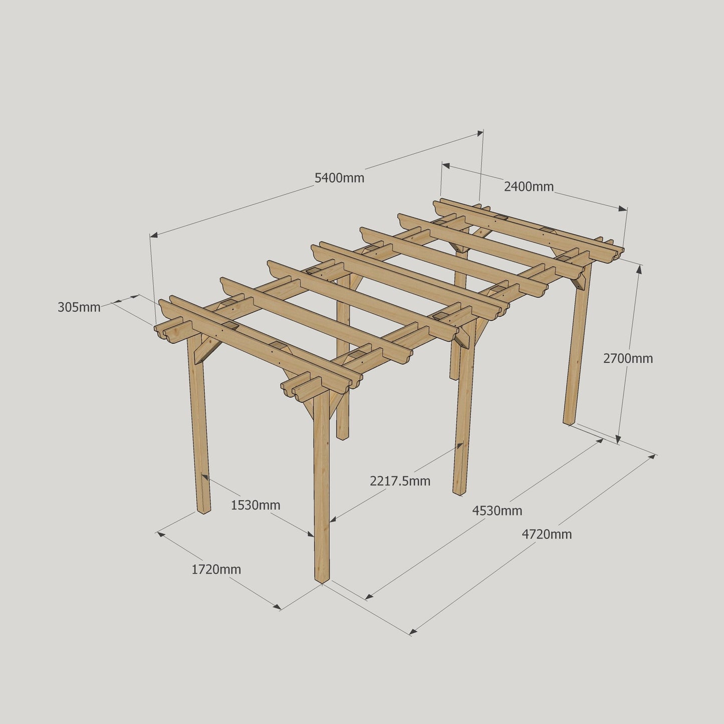 Freestanding Double Garden Pergola - Rustic Brown - 2.4m Width x 5.4m Length