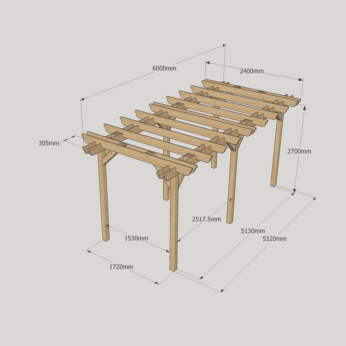 Freestanding Double Garden Pergola - Rustic Brown - 2.4m Width x 6m Length