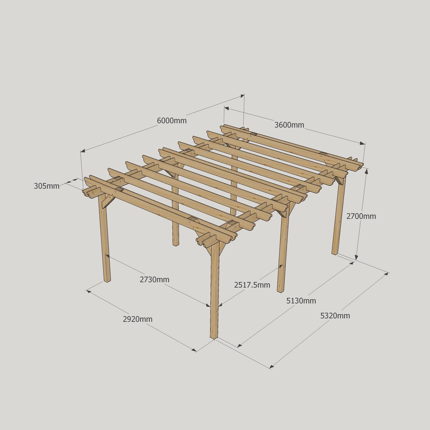 Freestanding Double Garden Pergola - Rustic Brown - 3.6m Width x 6m Length