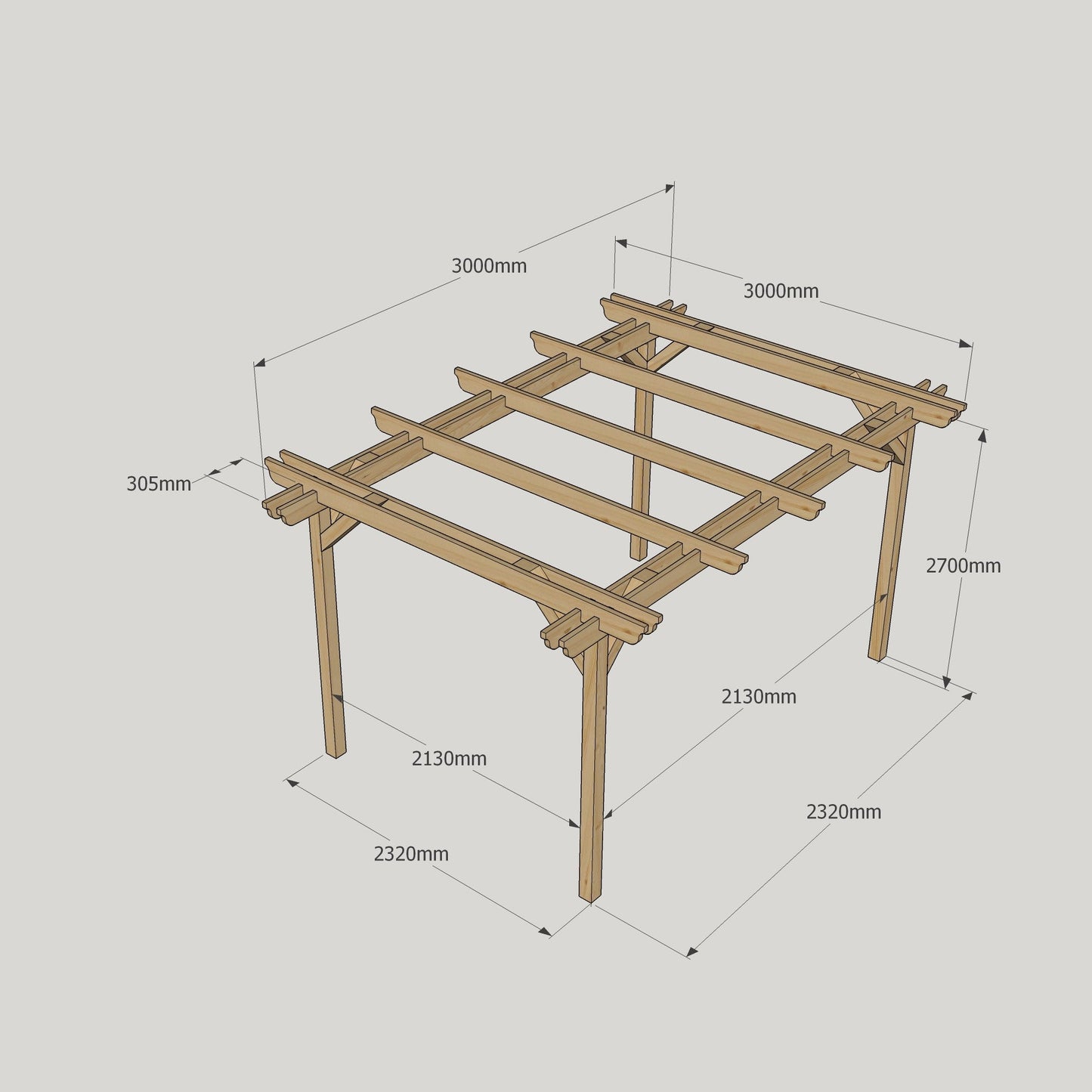 Freestanding Double Garden Pergola - Rustic Brown - 3m Width x 3m Length
