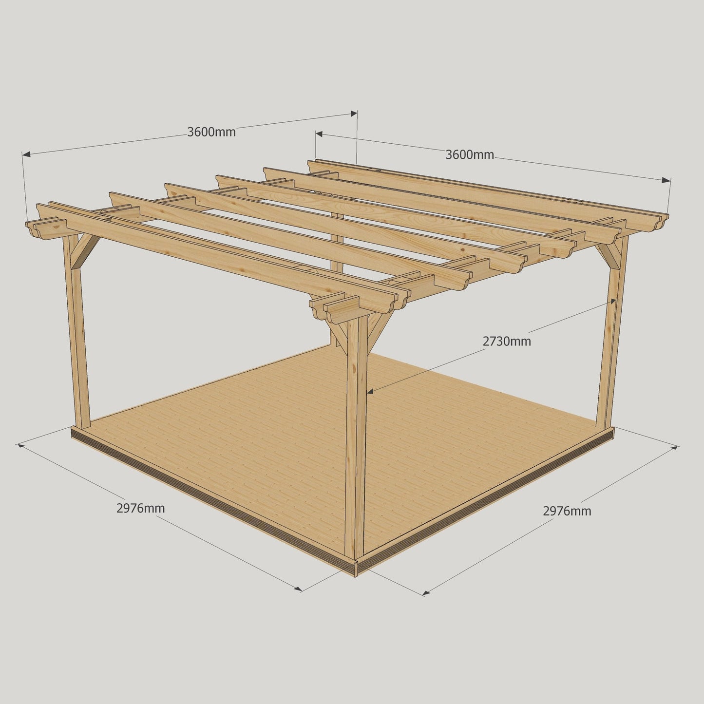 Freestanding Double Garden Pergola with Decking - Rustic Brown - 3.6m Width x 3.6m Length