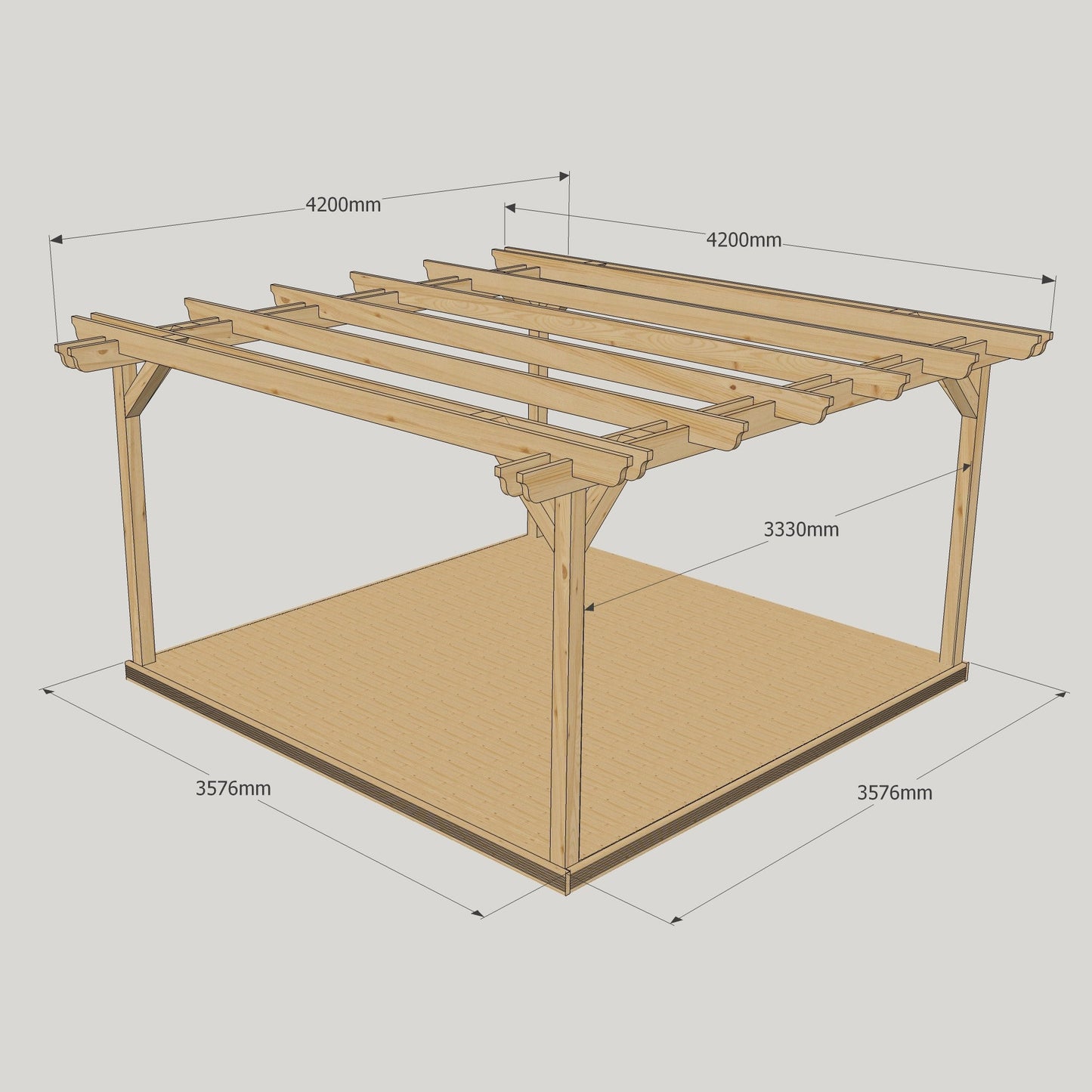 Freestanding Double Garden Pergola with Decking - Rustic Brown - 4.2m Width x 4.2m Length