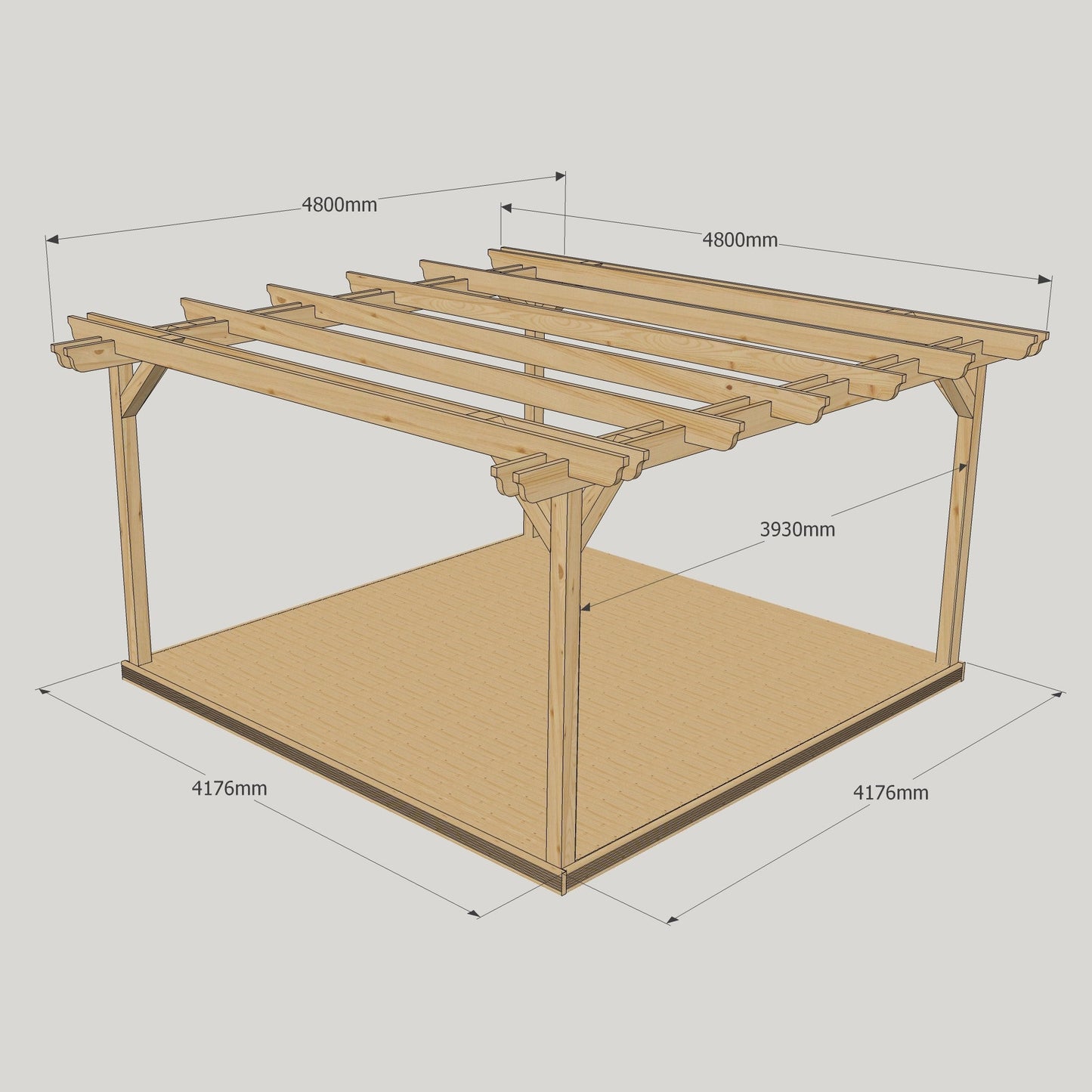 Freestanding Double Garden Pergola with Decking - Rustic Brown - 4.8m Width x 4.8m Length