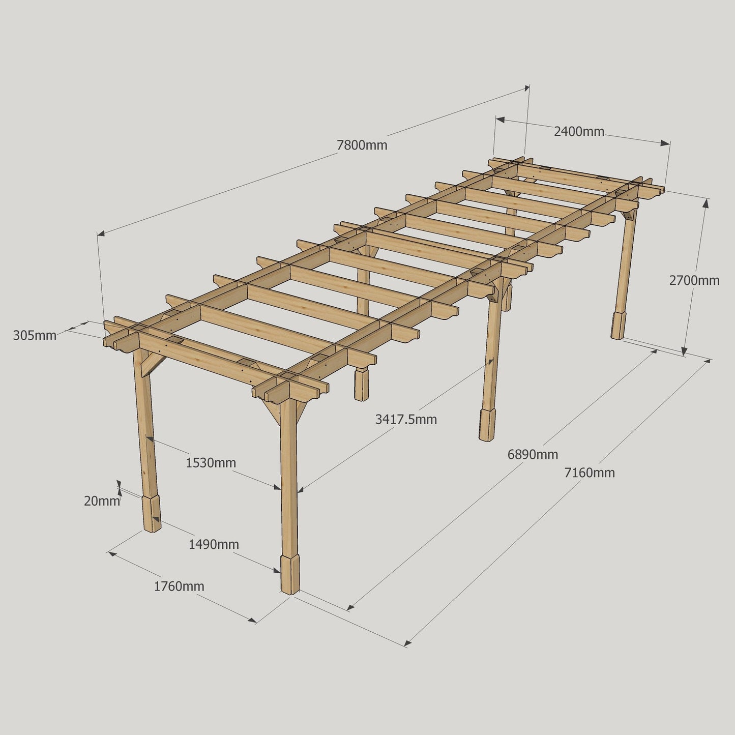 Freestanding Double Premium Pergola - Rustic Brown - 2.4m Width x 7.8m Length