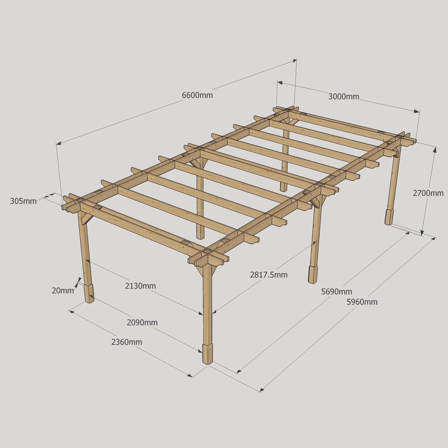 Freestanding Double Premium Pergola - Rustic Brown - 3m Width x 6.6m Length