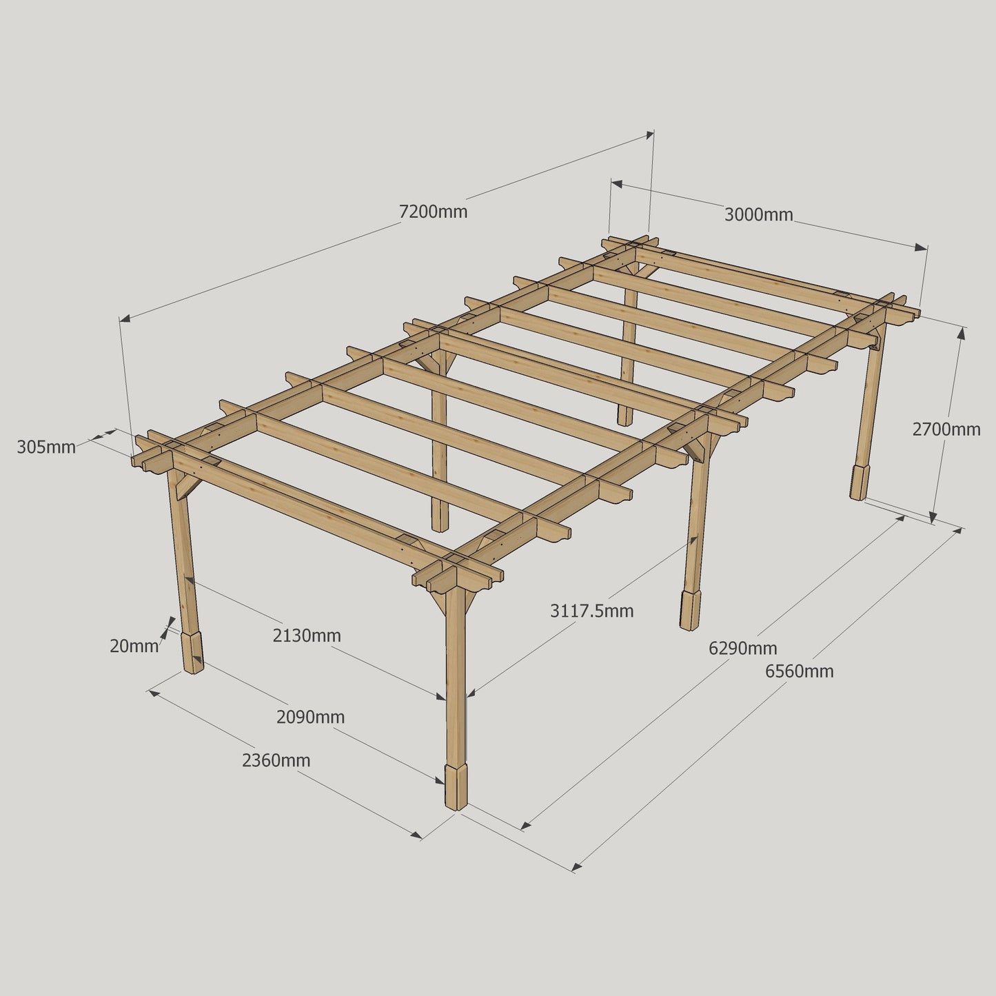Freestanding Double Premium Pergola - Rustic Brown - 3m Width x 7.2m Length