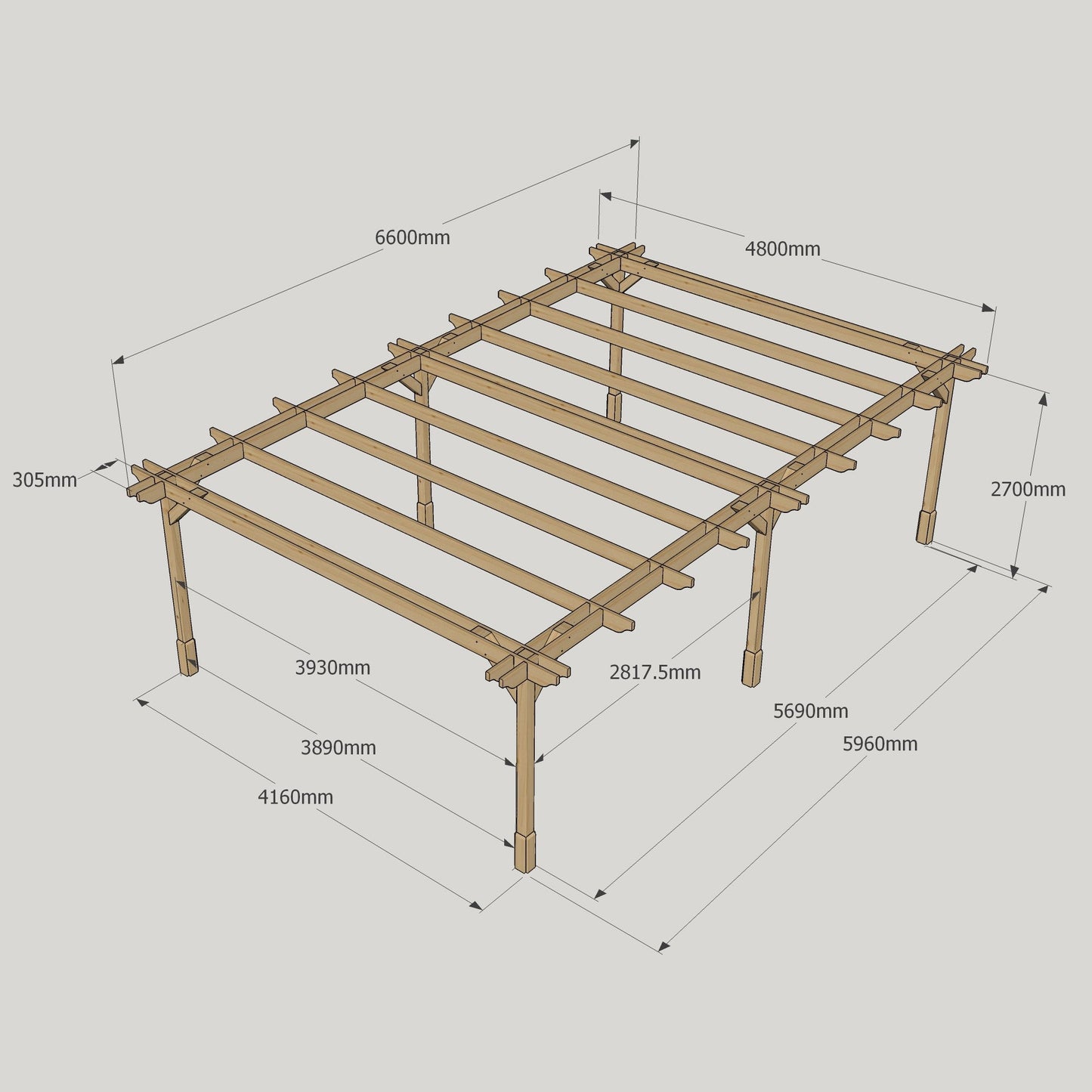 Freestanding Double Premium Pergola - Rustic Brown - 4.8m Width x 6.6m Length