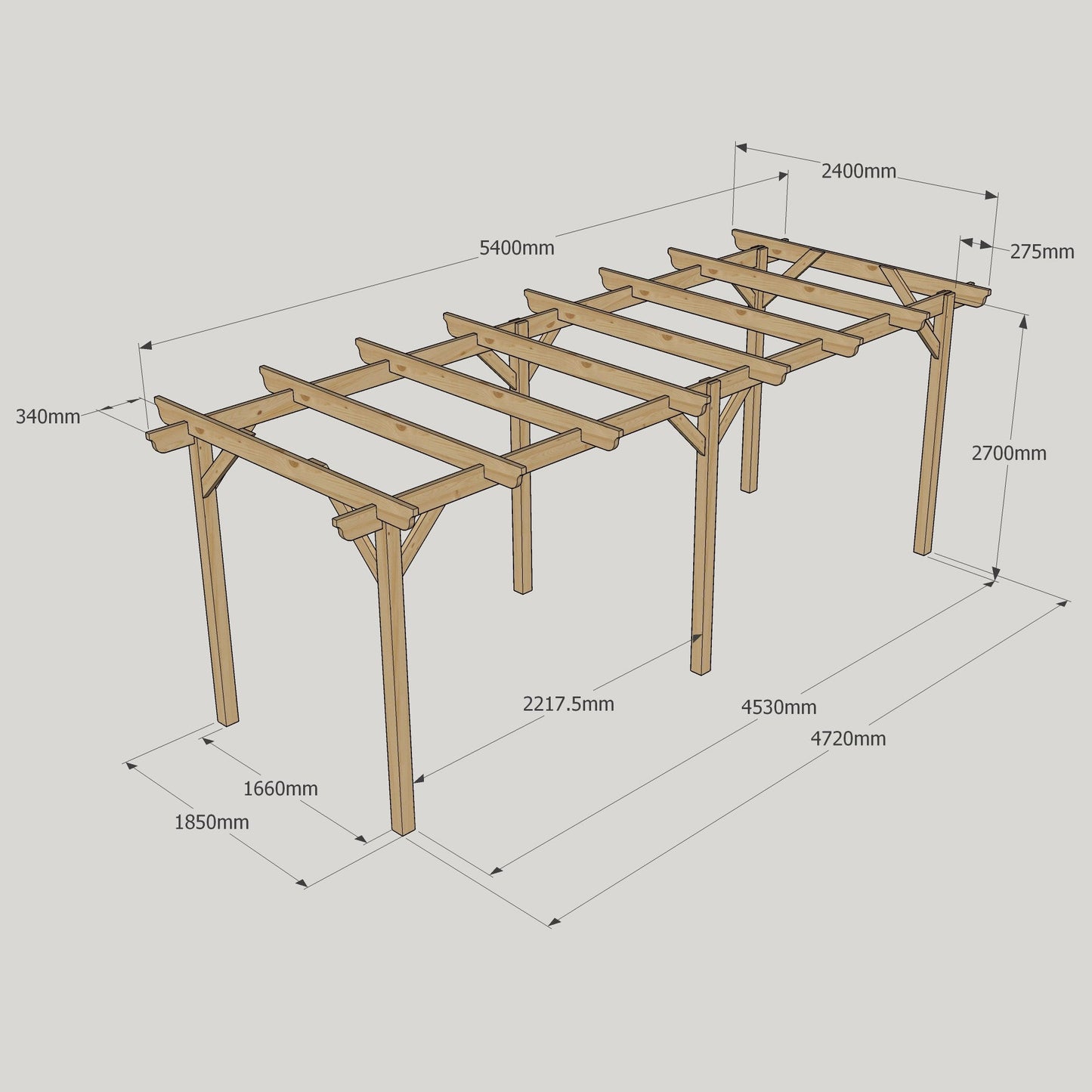 Freestanding Garden Pergola - Rustic Brown - 2.4m Width x 5.4m Length