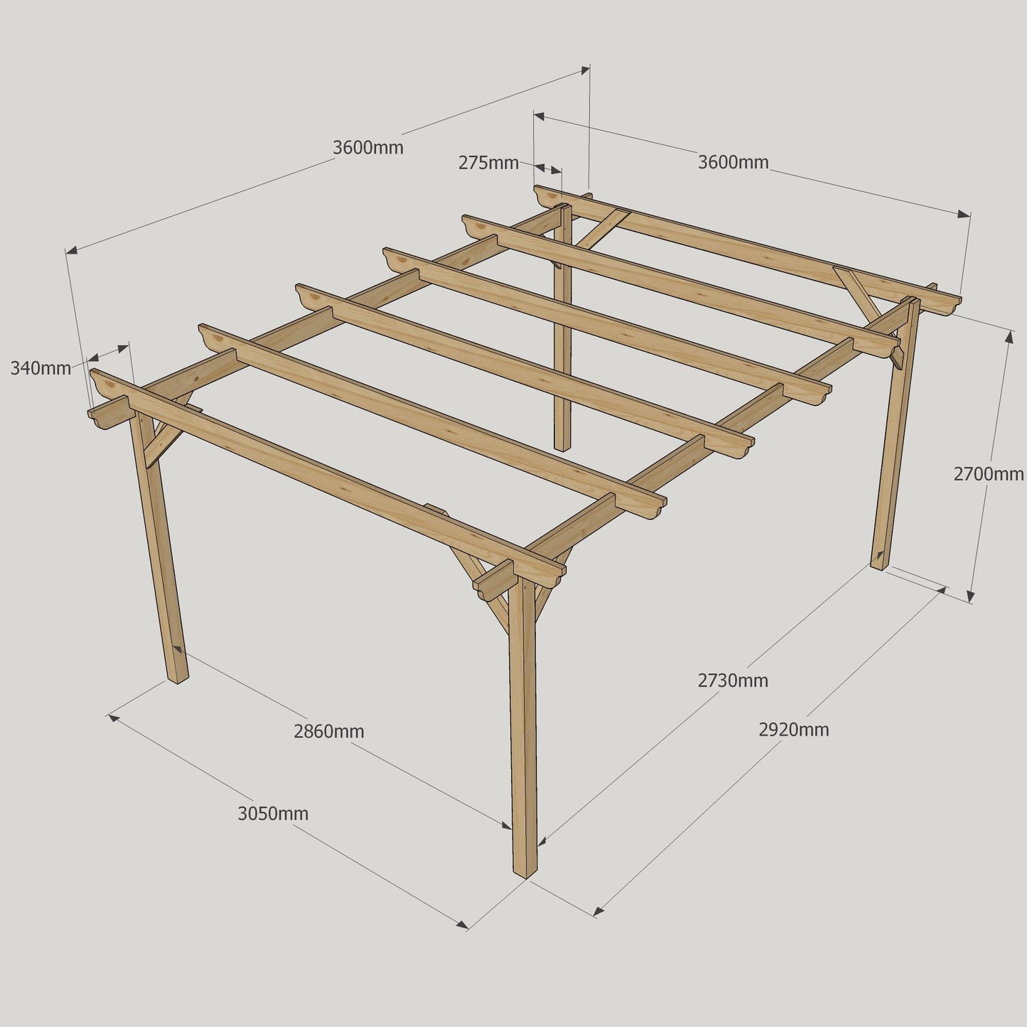 Freestanding Garden Pergola - Rustic Brown - 3.6m Width x 3.6m Length
