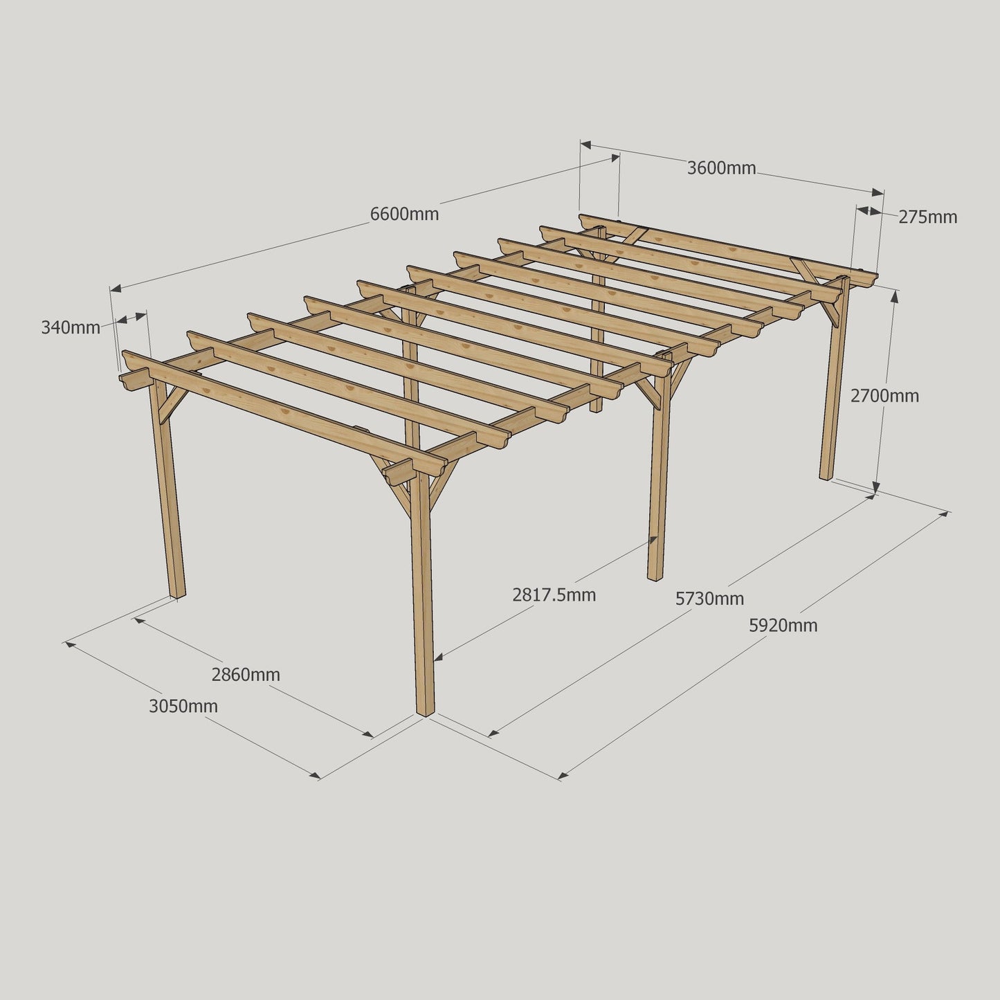 Freestanding Garden Pergola - Rustic Brown - 3.6m Width x 6.6m Length