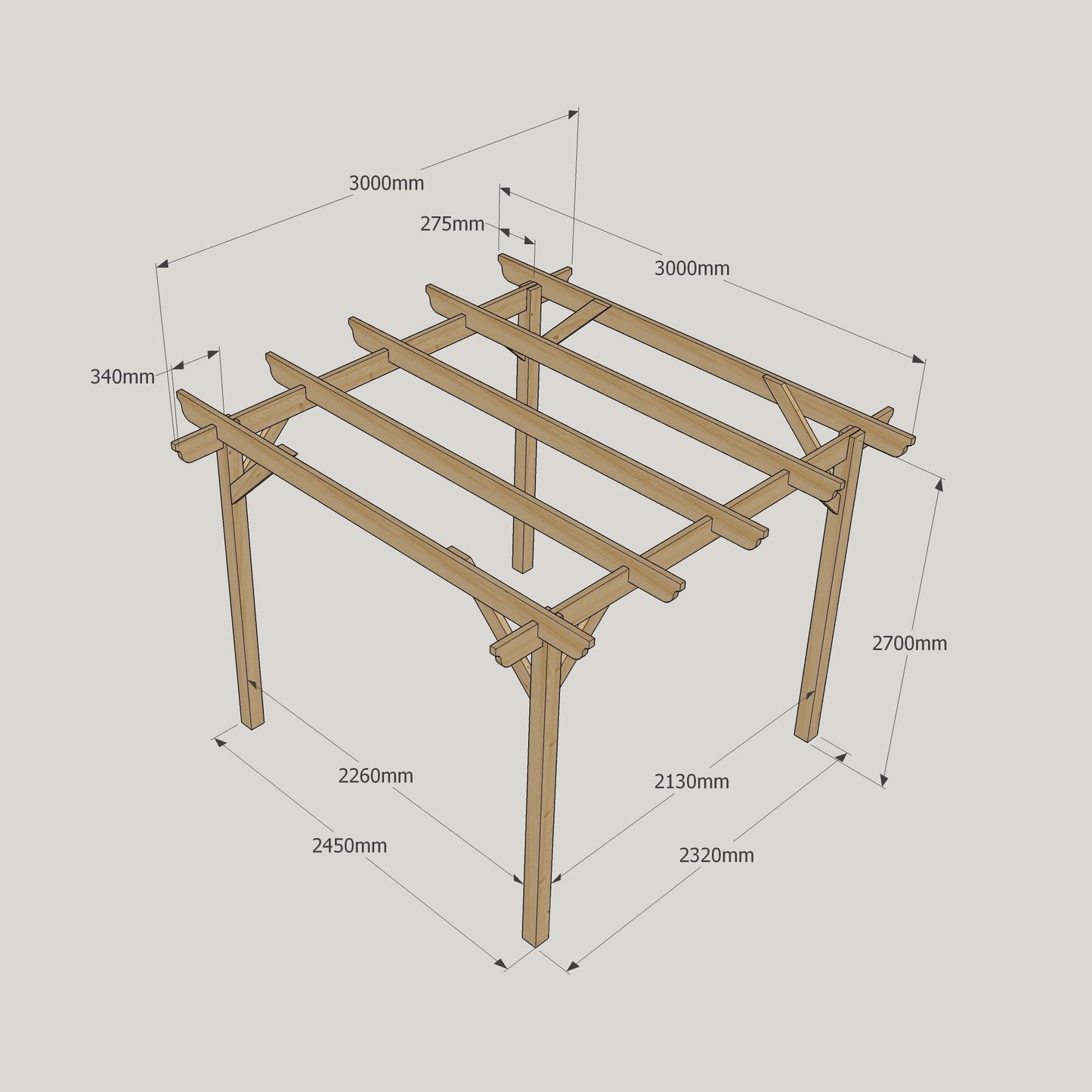 Freestanding Garden Pergola - Rustic Brown - 3m Width x 3m Length