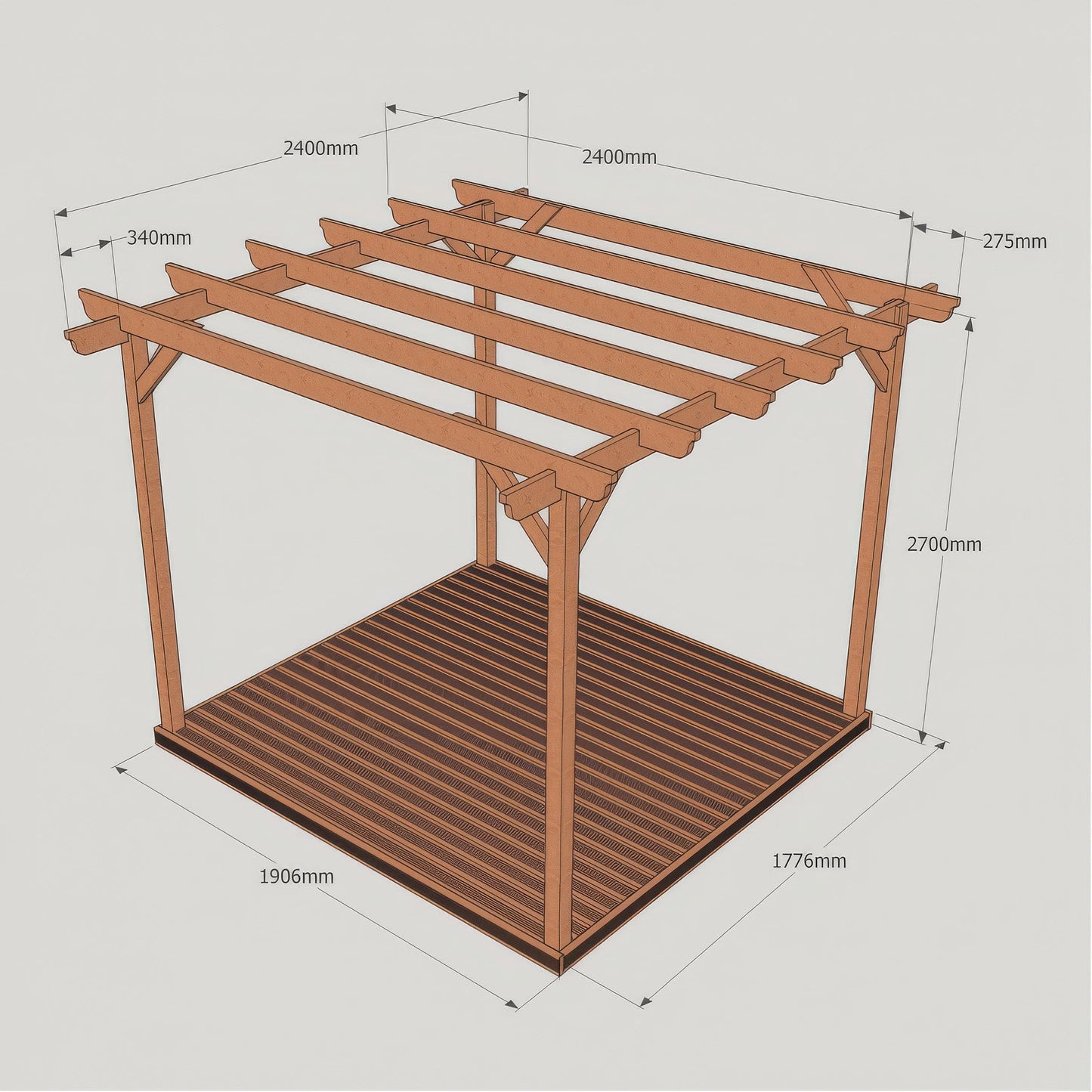 Freestanding Garden Pergola with Decking - Light Green - 2.4m Width x 2.4m Length