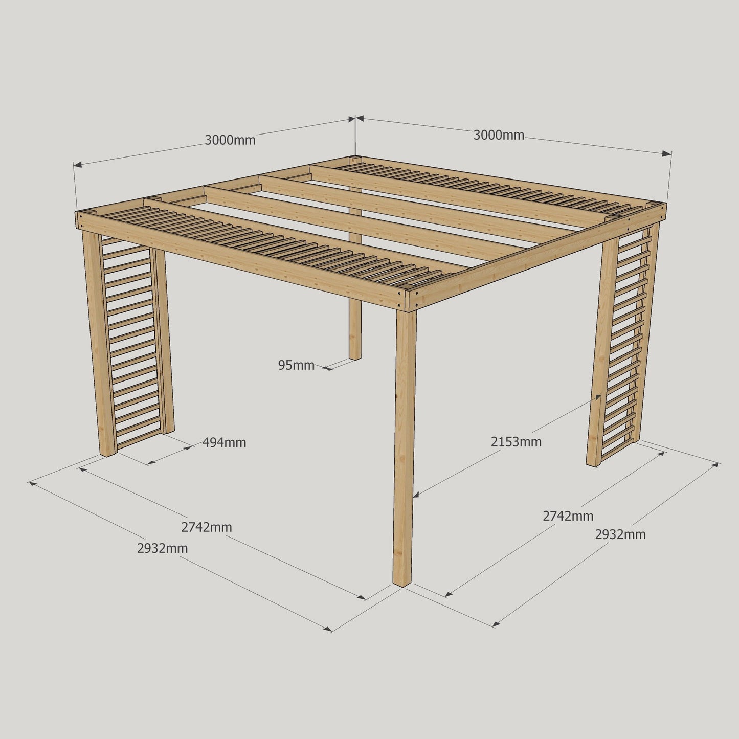 Freestanding Panel Pergola - Light Green - 3m Width x 3m Length