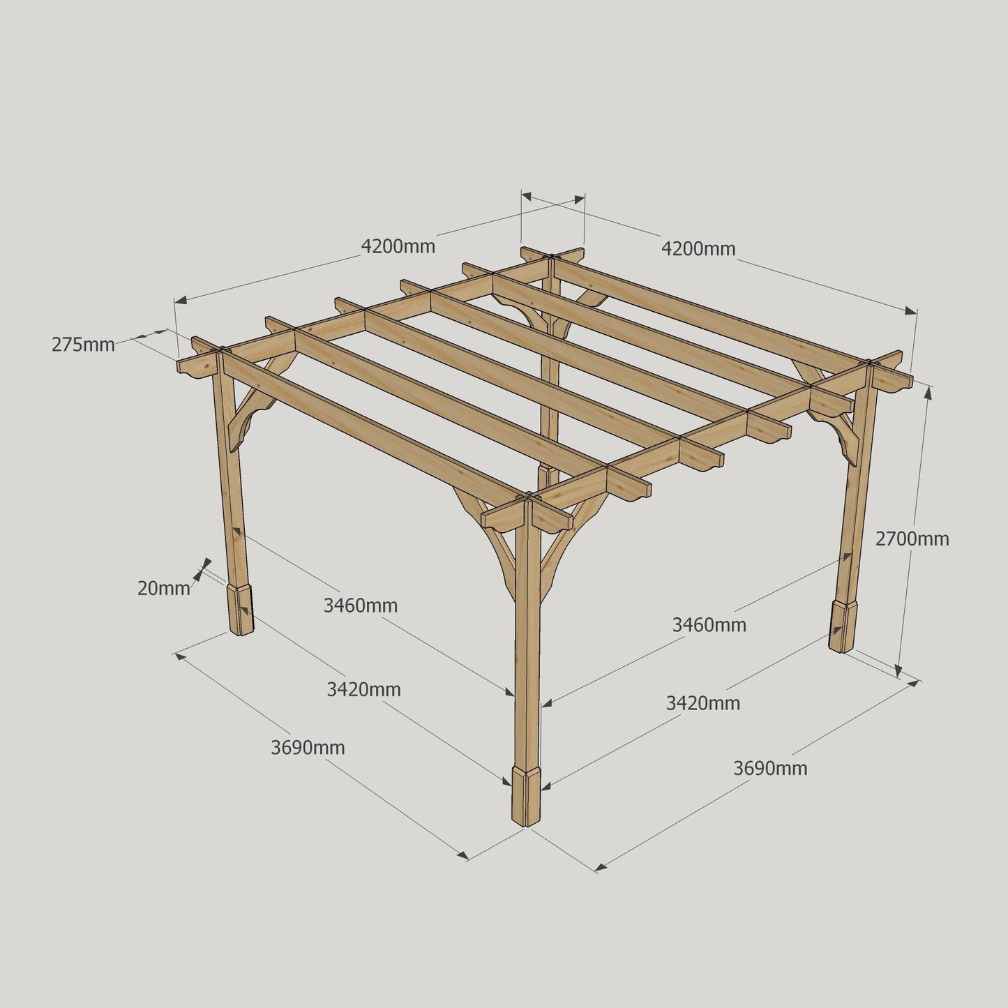 Freestanding Premium Pergola - Rustic Brown - 4.2m Width x 4.2m Length