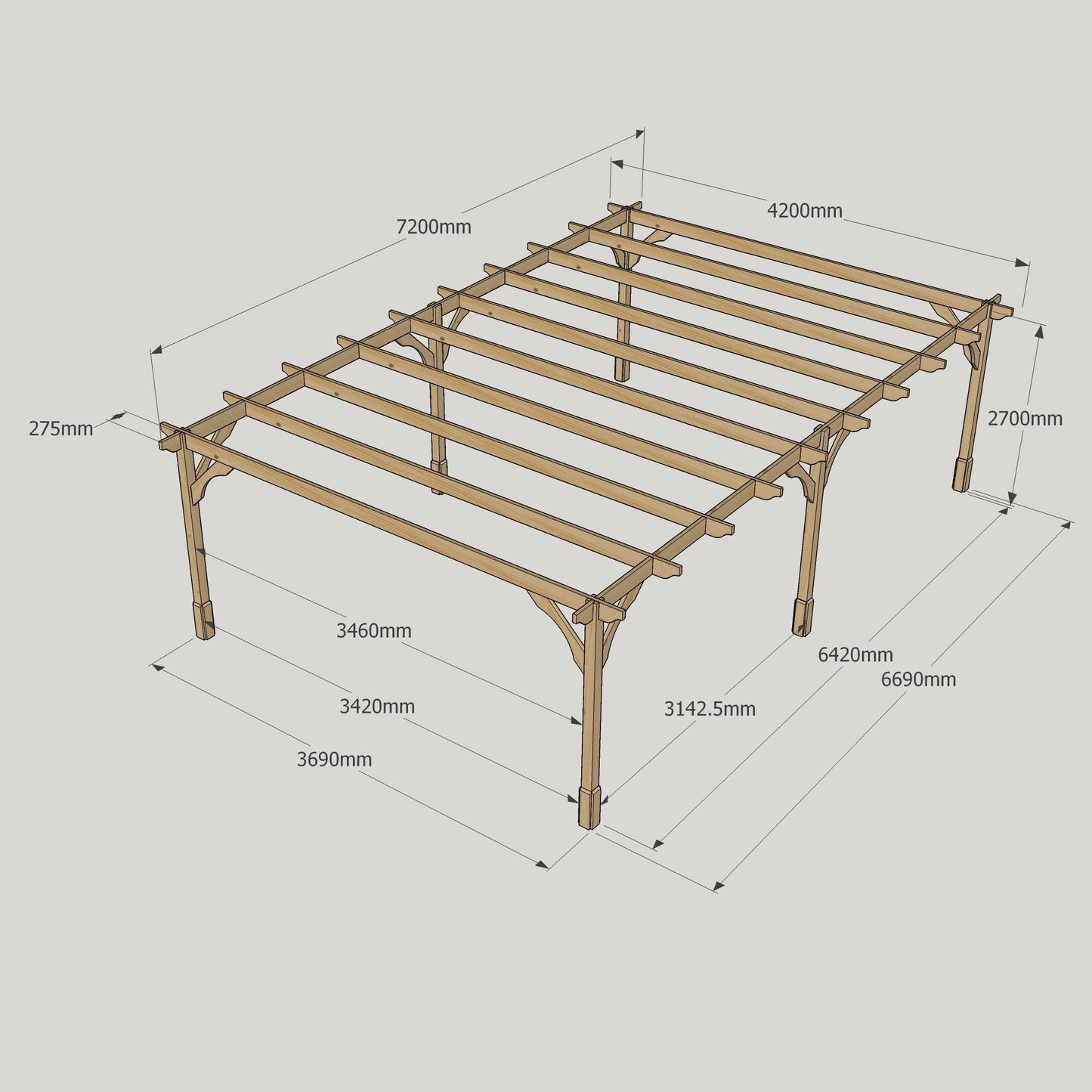 Freestanding Premium Pergola - Rustic Brown - 4.2m Width x 7.2m Length