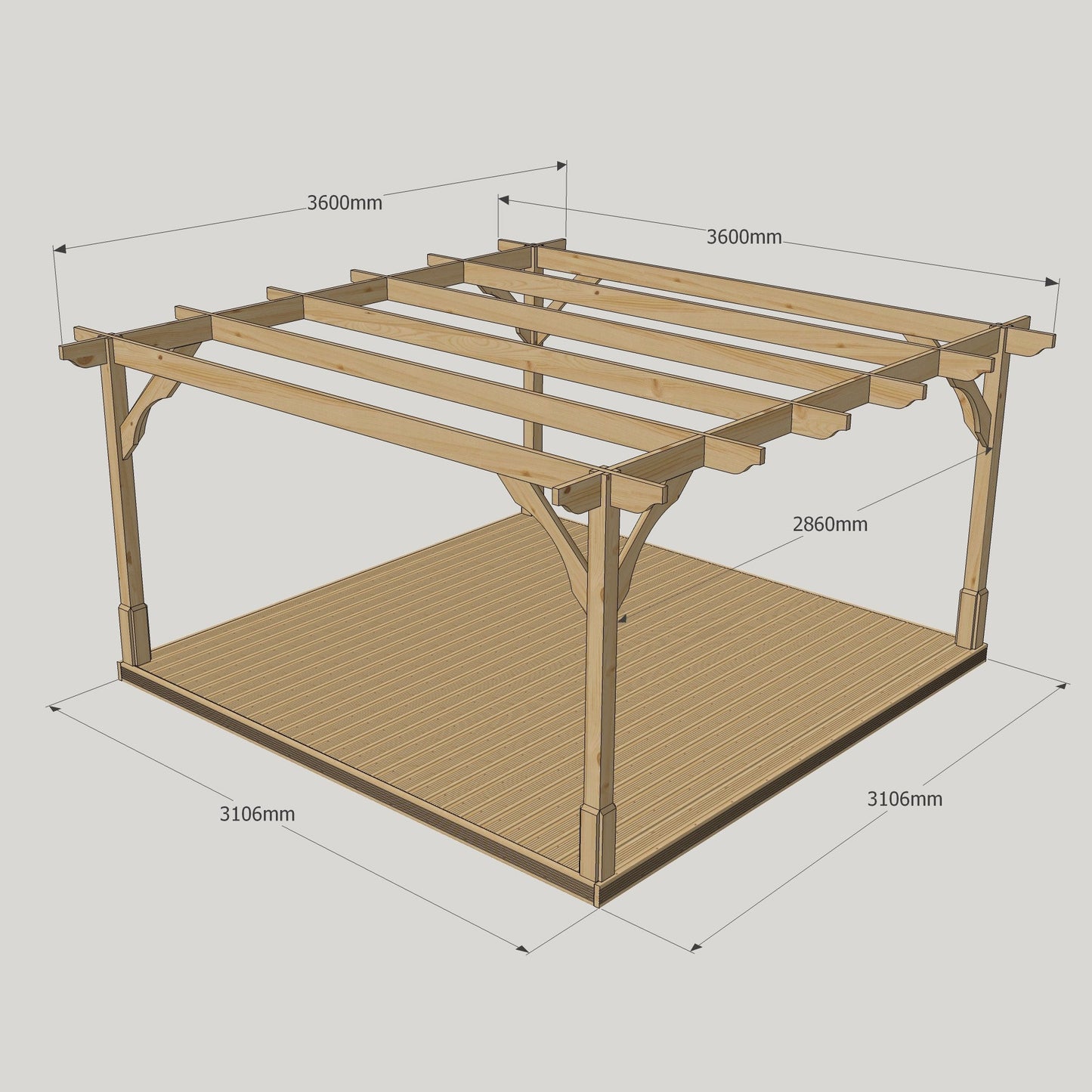 Freestanding Premium Pergola with Decking - Rustic Brown - 3.6m Width x 3.6m Length