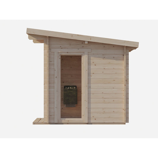Log Cube Sauna Panorama — side view