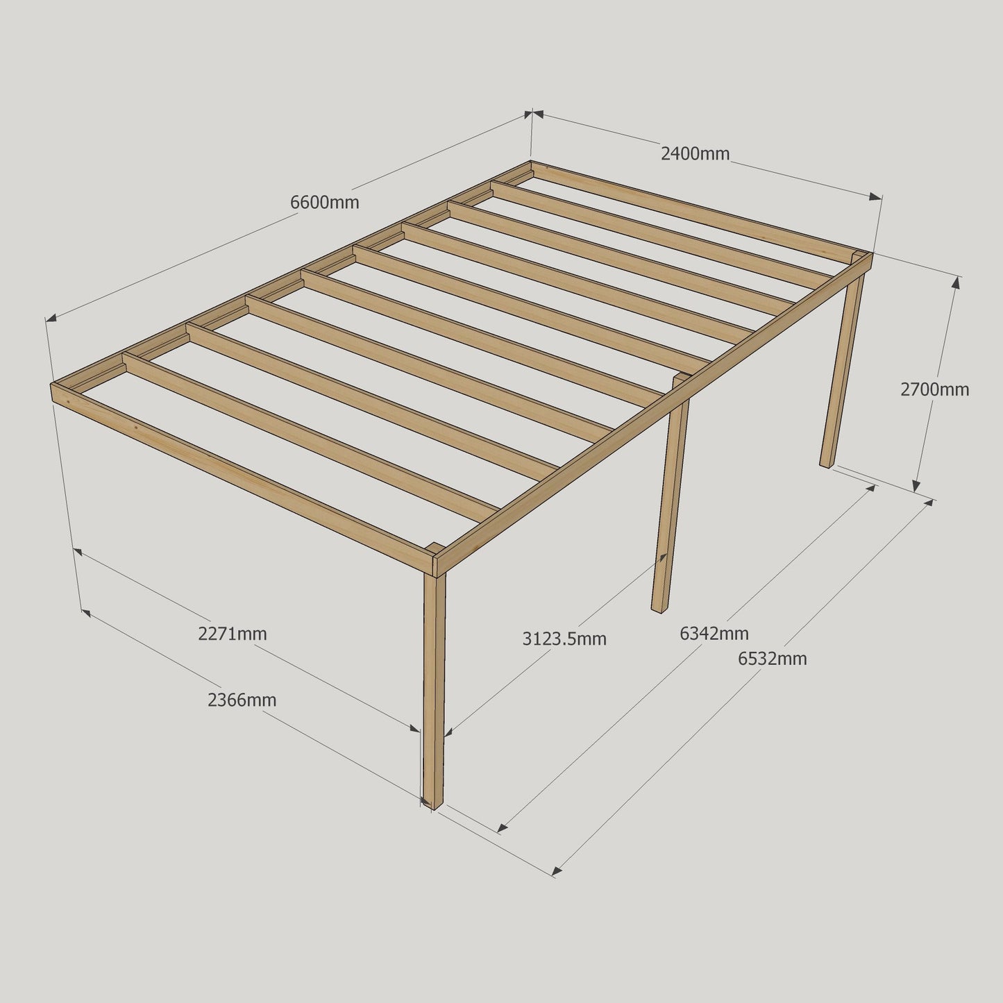 Wall Mounted Box Pergola - Rustic Brown - 2.4m Depth x 6.6m Length