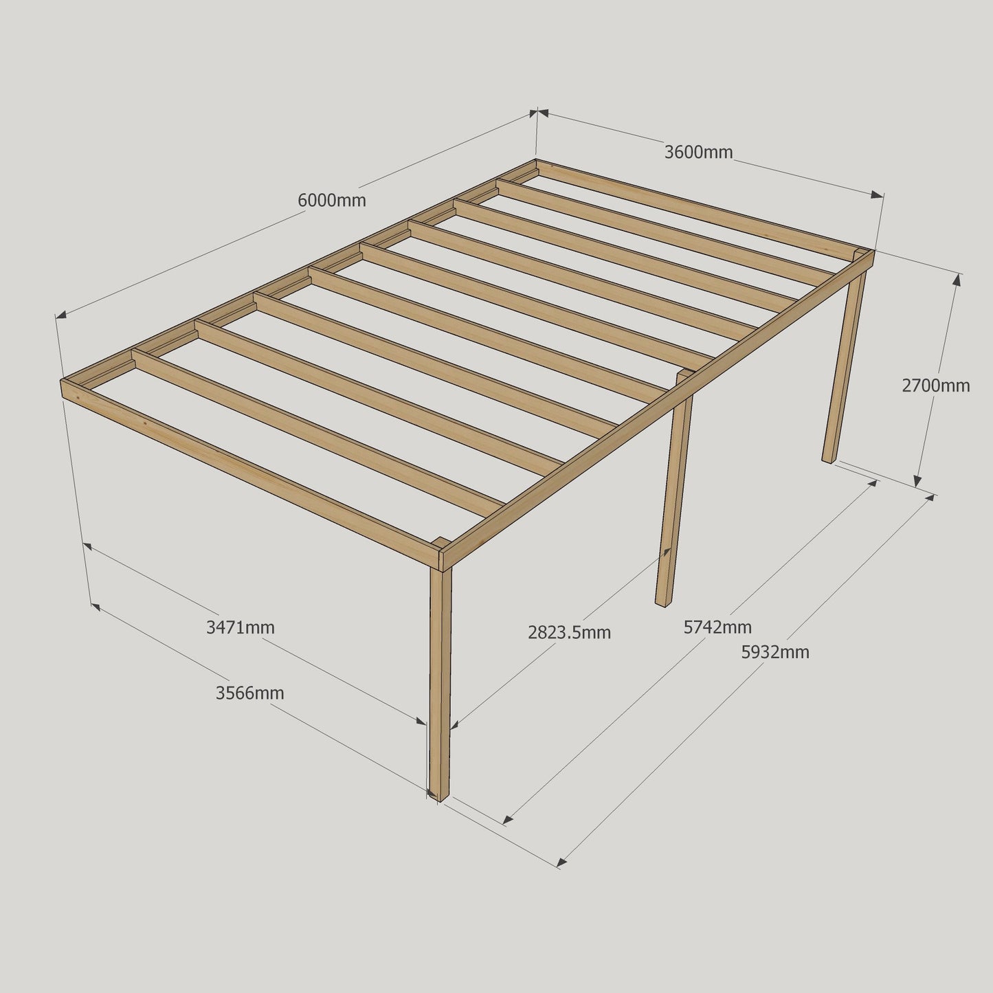 Wall Mounted Box Pergola - Rustic Brown - 3.6m Depth x 6m Length