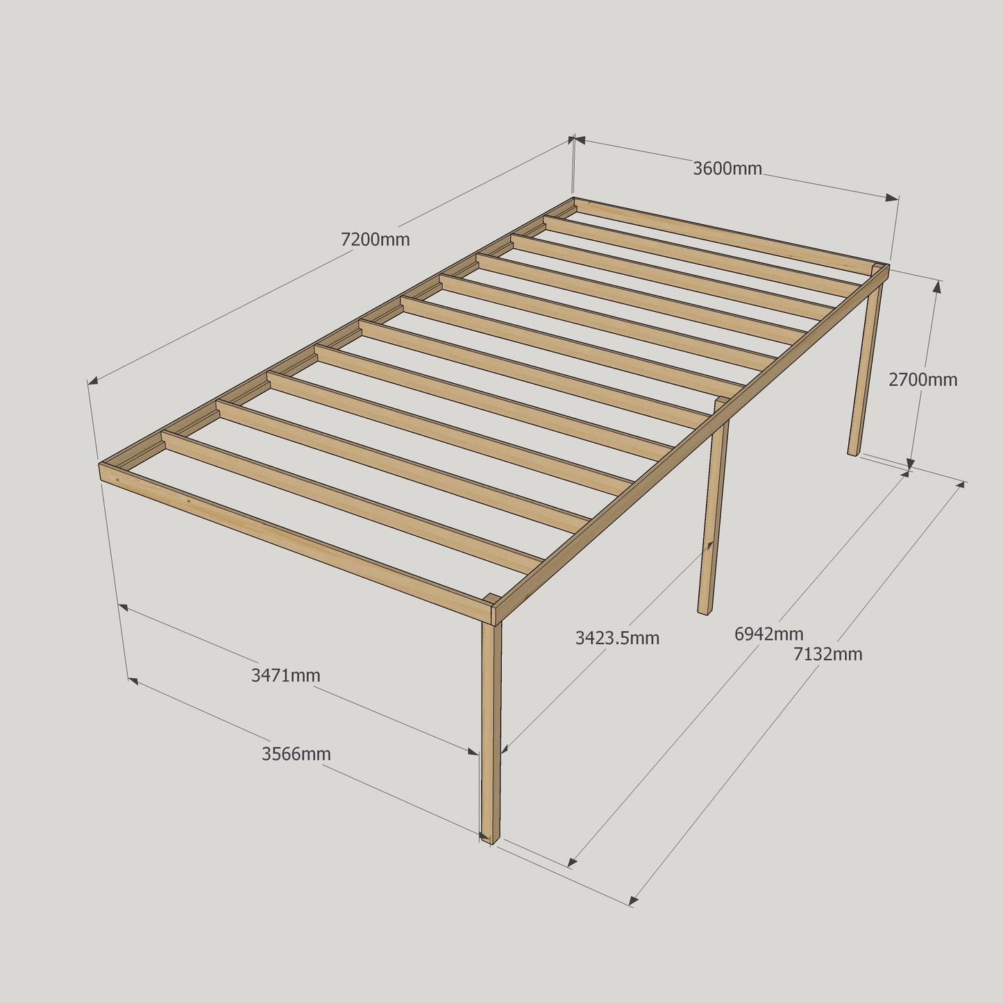 Wall Mounted Box Pergola - Rustic Brown - 3.6m Depth x 7.2m Length