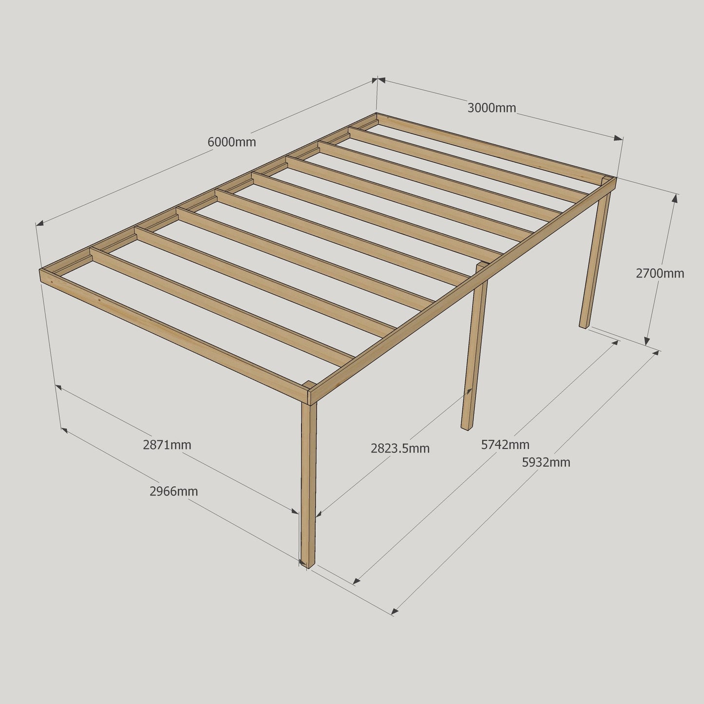 Wall Mounted Box Pergola - Rustic Brown - 3m Depth x 6m Length