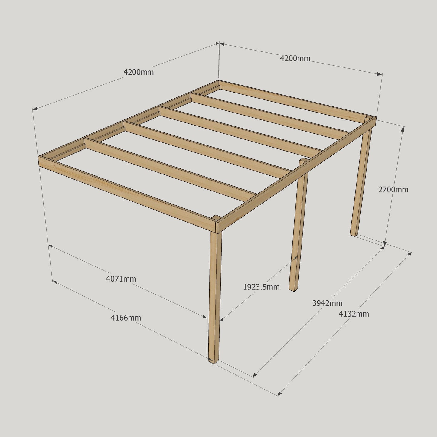Wall Mounted Box Pergola - Rustic Brown - 4.2m Depth x 4.2m Length