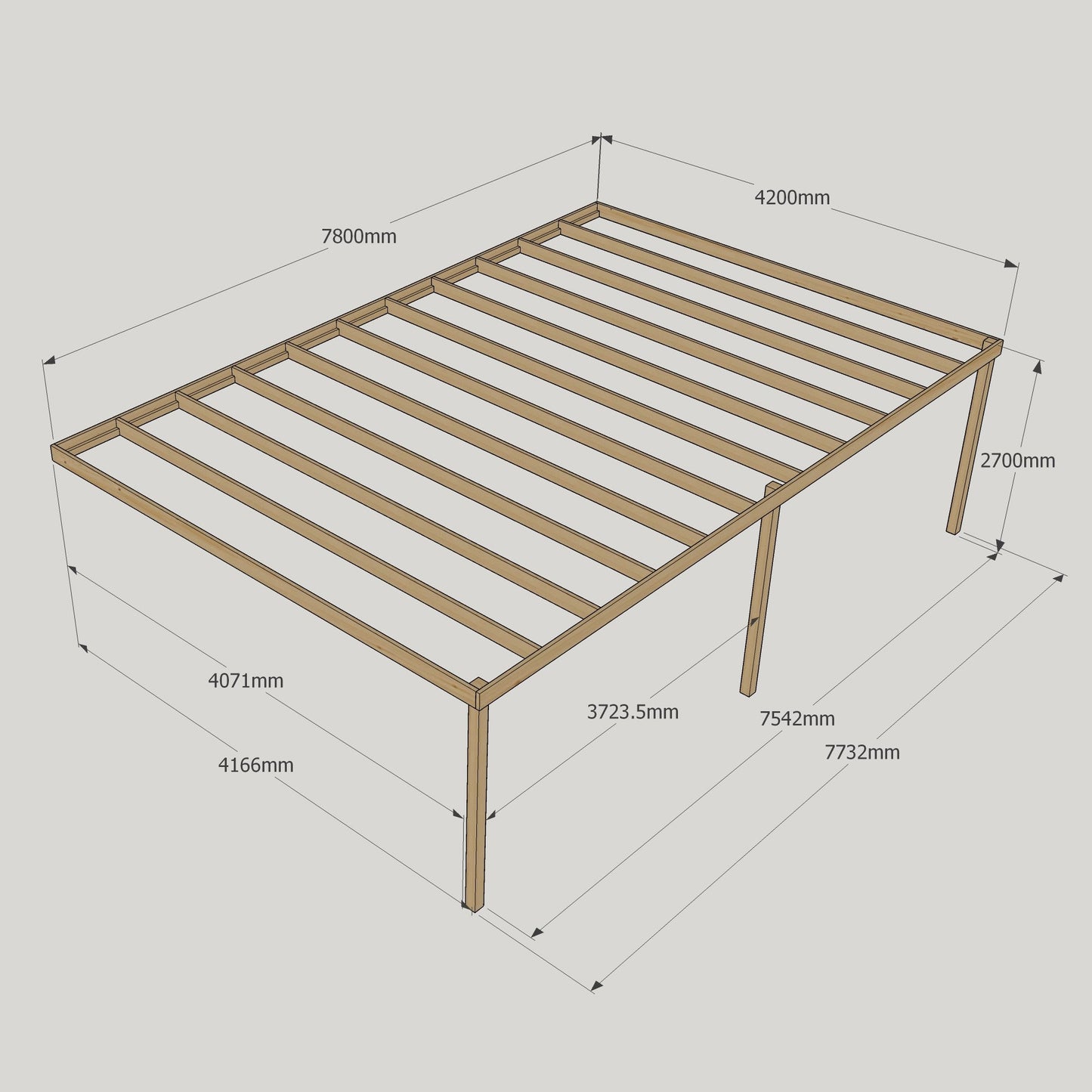 Wall Mounted Box Pergola - Rustic Brown - 4.2m Depth x 7.8m Length