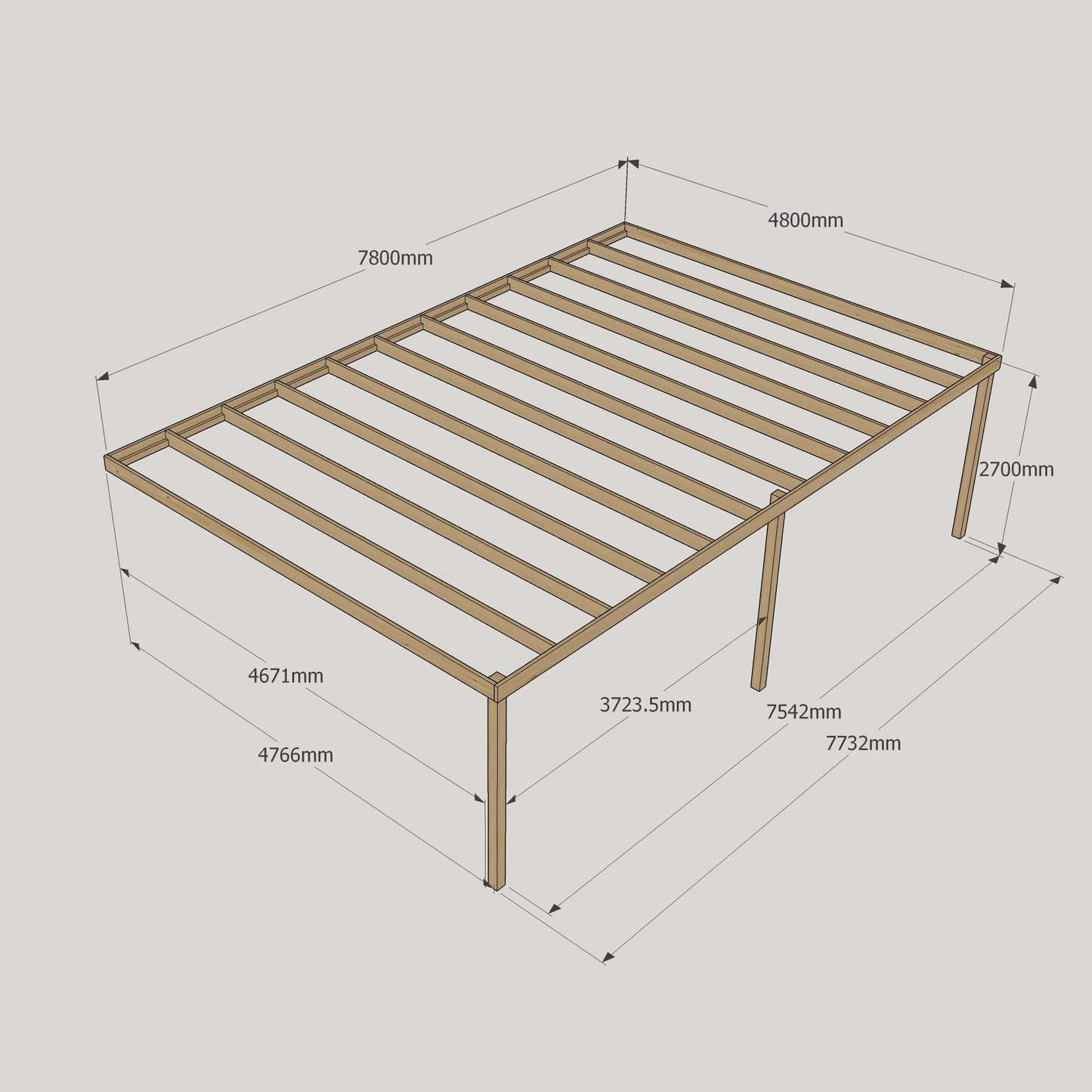 Wall Mounted Box Pergola - Rustic Brown - 4.8m Depth x 7.8m Length