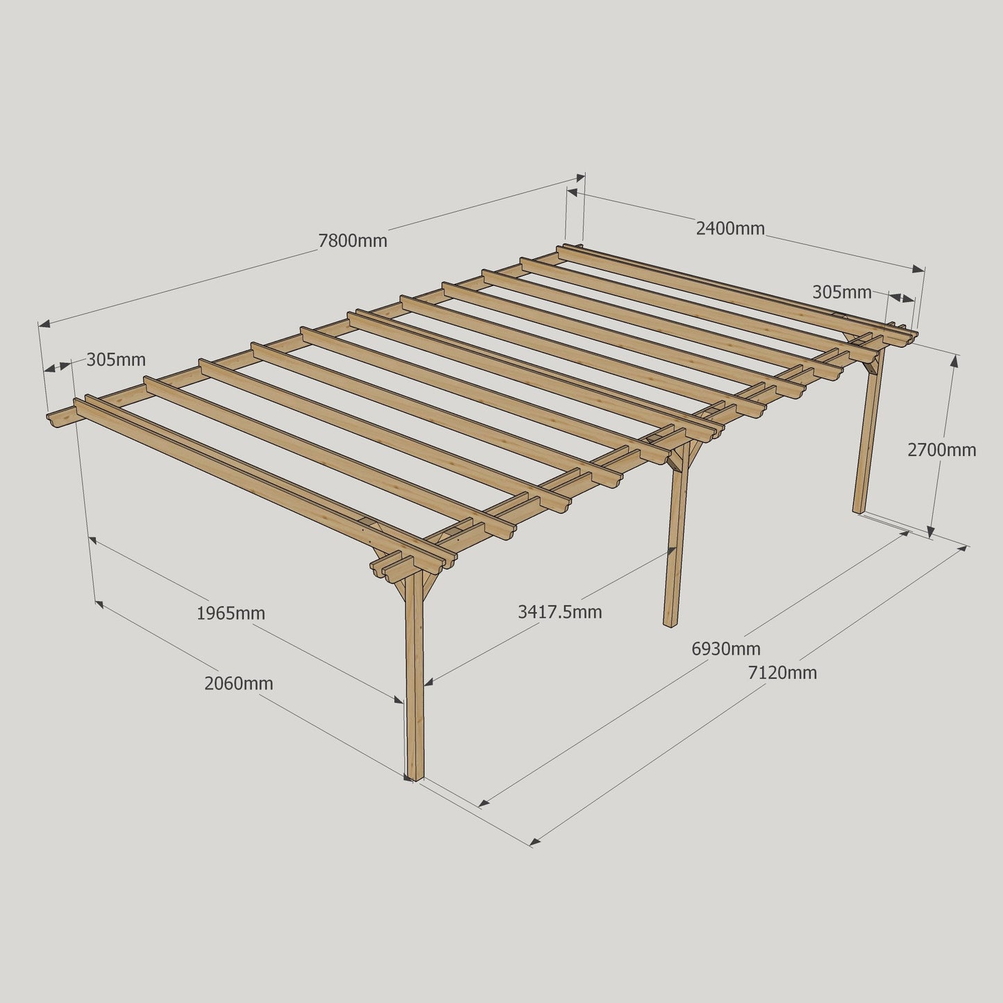 Wall Mounted Double Garden Pergola - Rustic Brown - 2.4m Depth x 7.8m Length