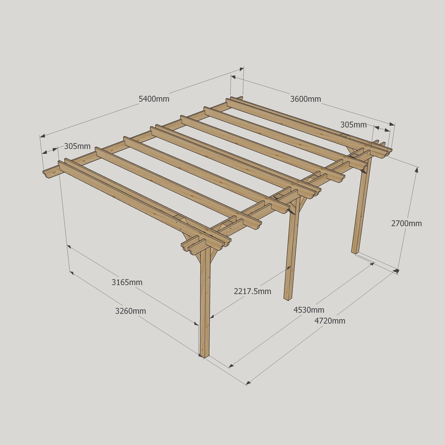 Wall Mounted Double Garden Pergola - Rustic Brown - 3.6m Depth x 5.4m Length