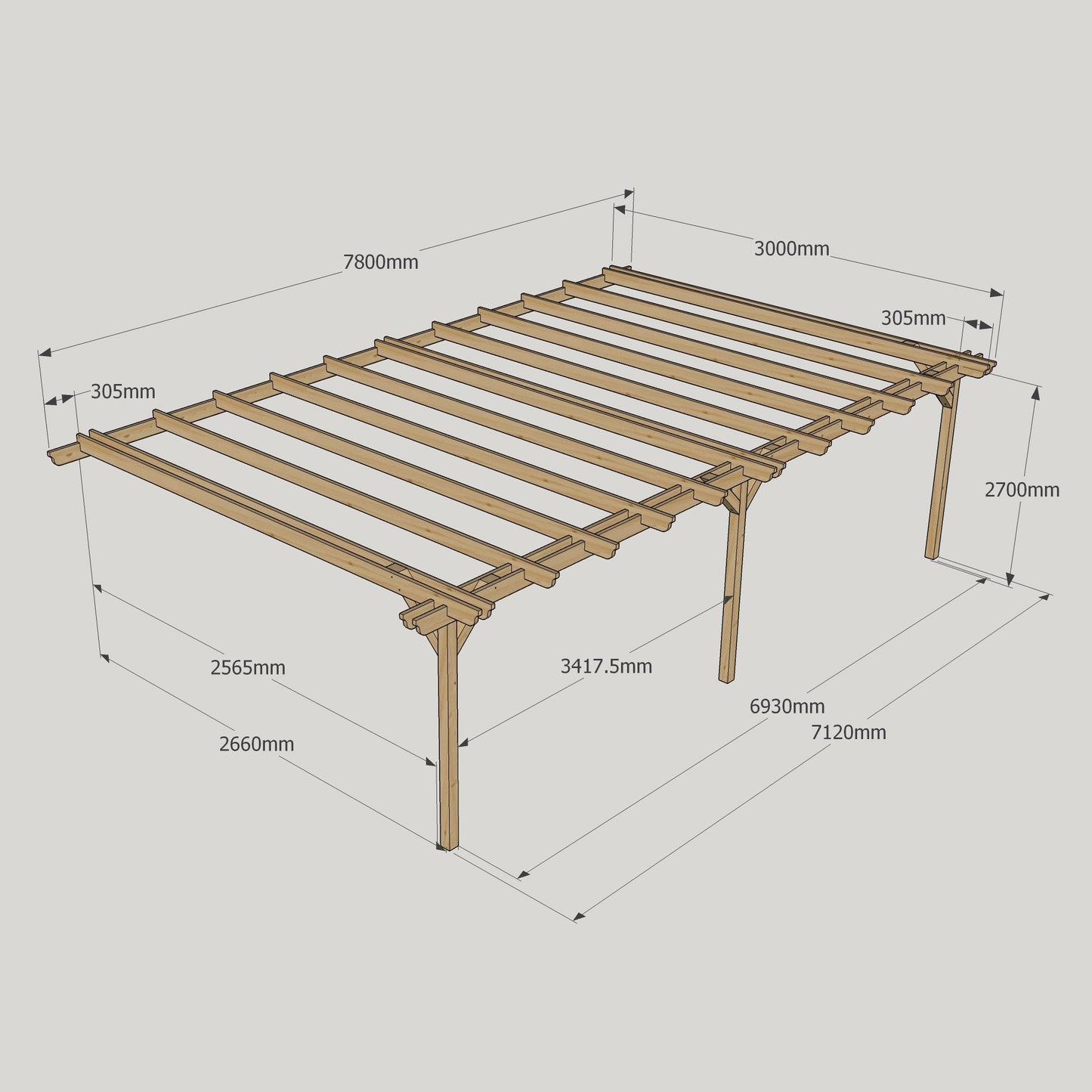 Wall Mounted Double Garden Pergola - Rustic Brown - 3m Depth x 7.8m Length
