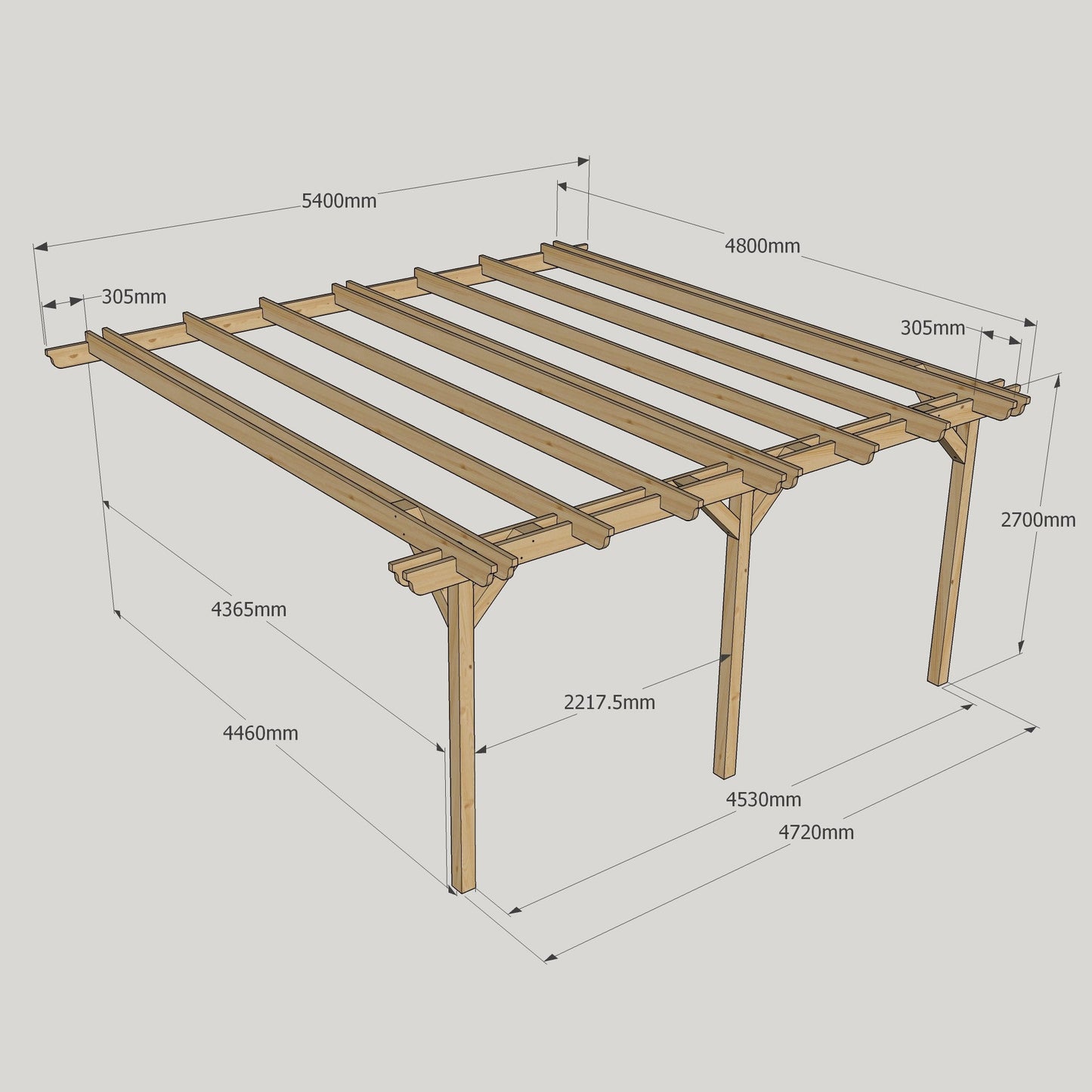 Wall Mounted Double Garden Pergola - Rustic Brown - 4.8m Depth x 5.4m Length