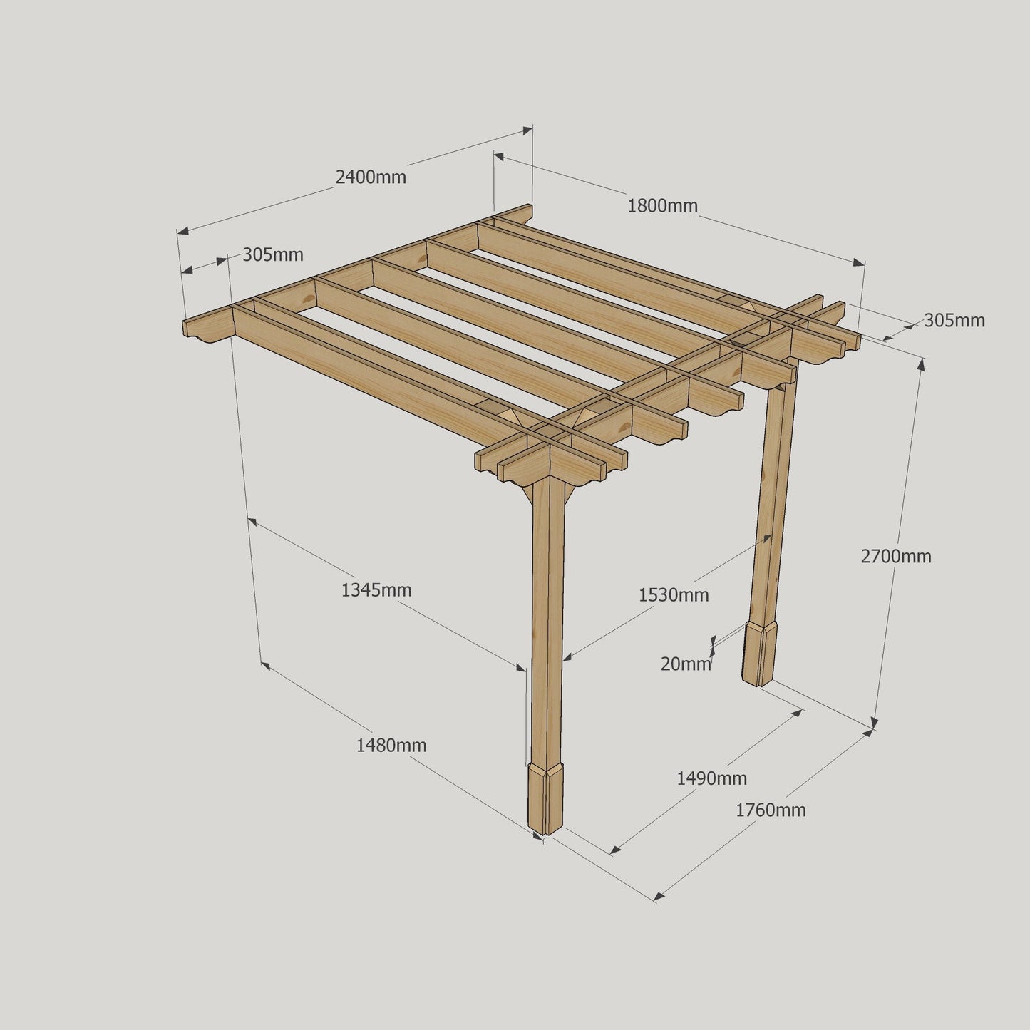 Wall Mounted Double Premium Pergola - Rustic Brown - 1.8m Depth x 2.4m Length