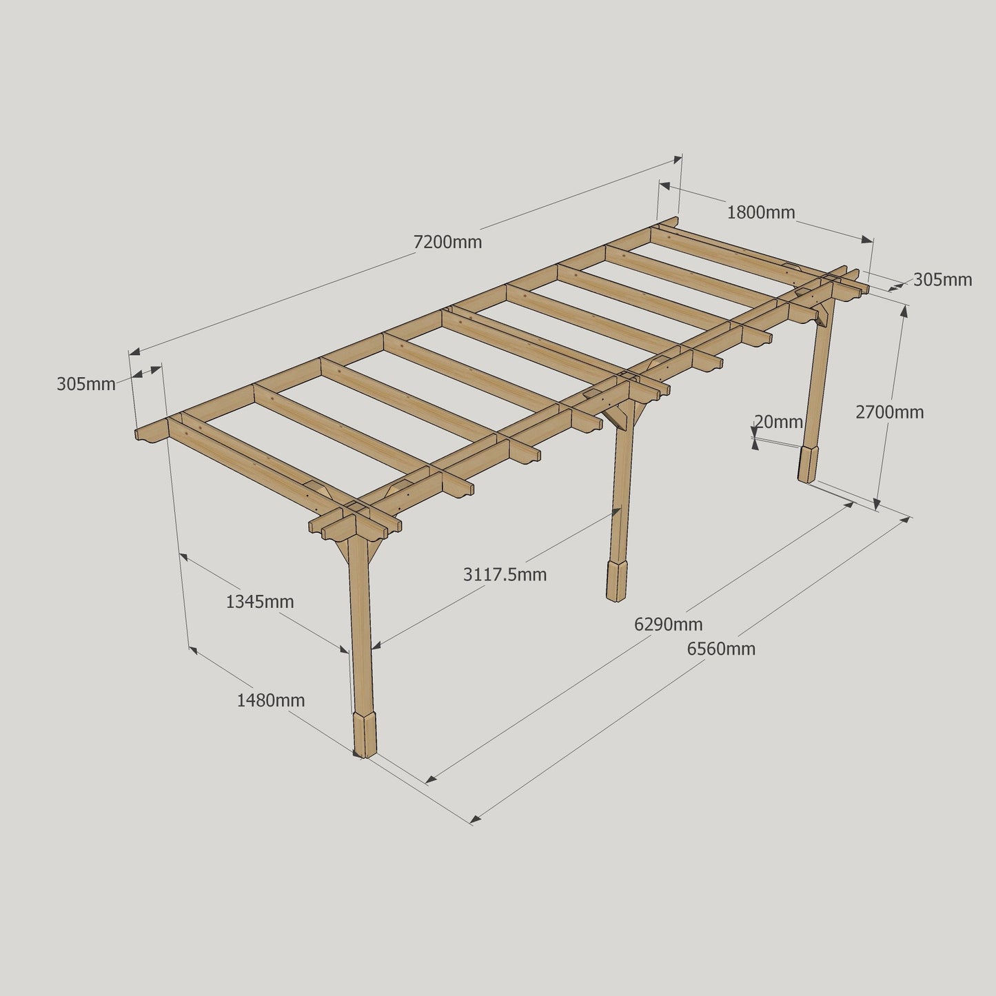 Wall Mounted Double Premium Pergola - Rustic Brown - 1.8m Depth x 7.2m Length