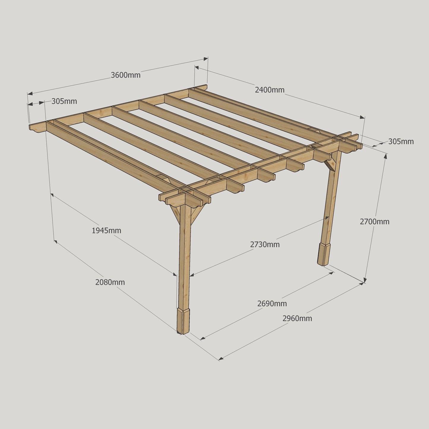 Wall Mounted Double Premium Pergola - Rustic Brown - 2.4m Depth x 3.6m Length