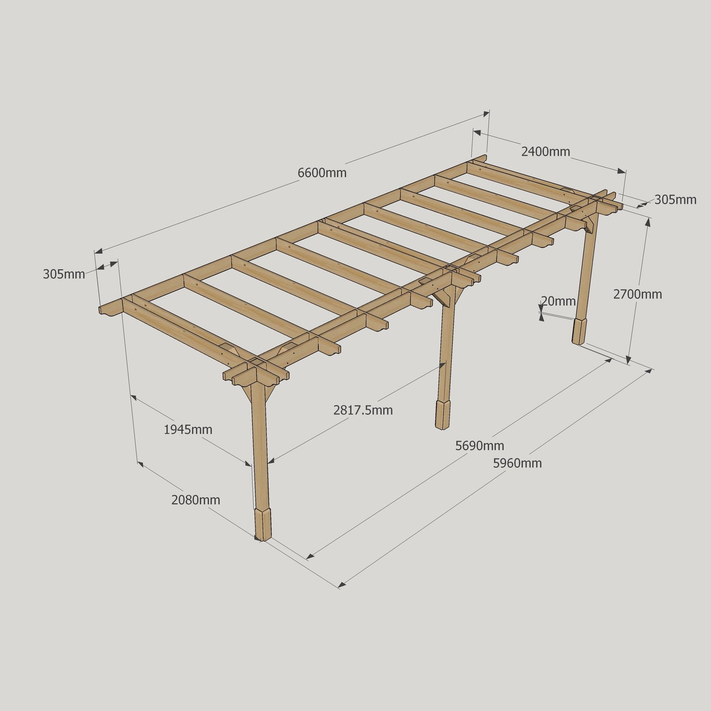 Wall Mounted Double Premium Pergola - Rustic Brown - 2.4m Depth x 6.6m Length