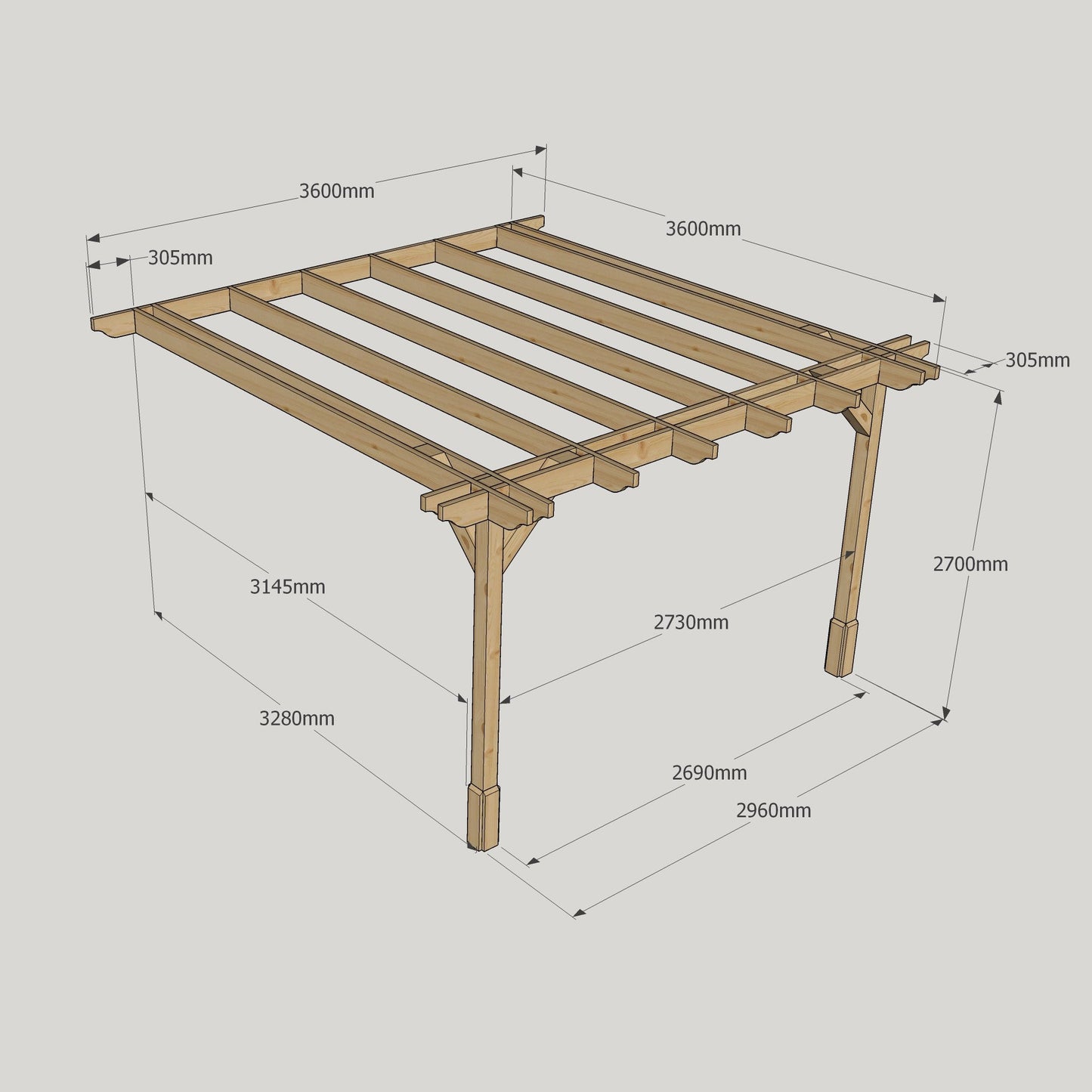 Wall Mounted Double Premium Pergola - Rustic Brown - 3.6m Depth x 3.6m Length