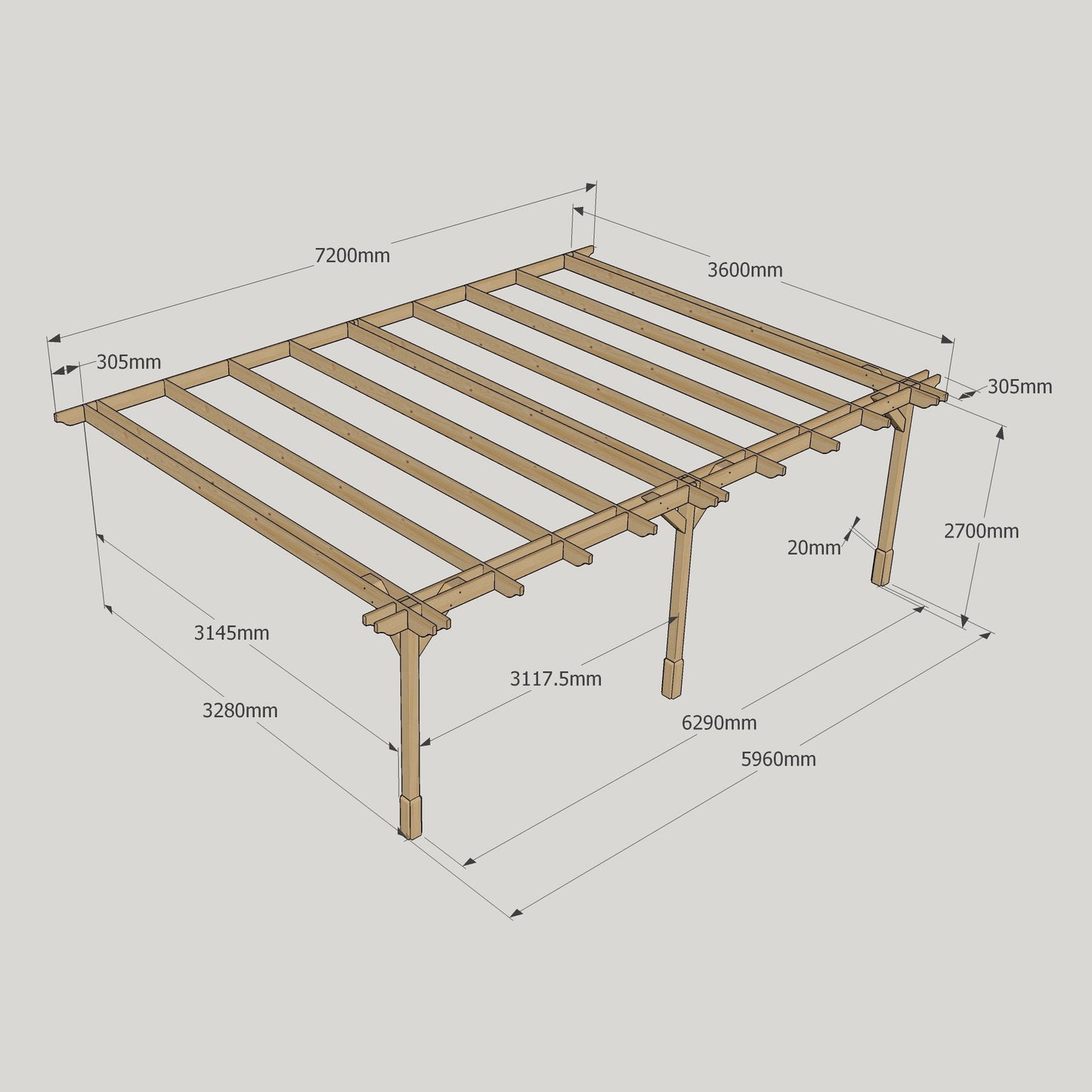 Wall Mounted Double Premium Pergola - Rustic Brown - 3.6m Depth x 7.2m Length