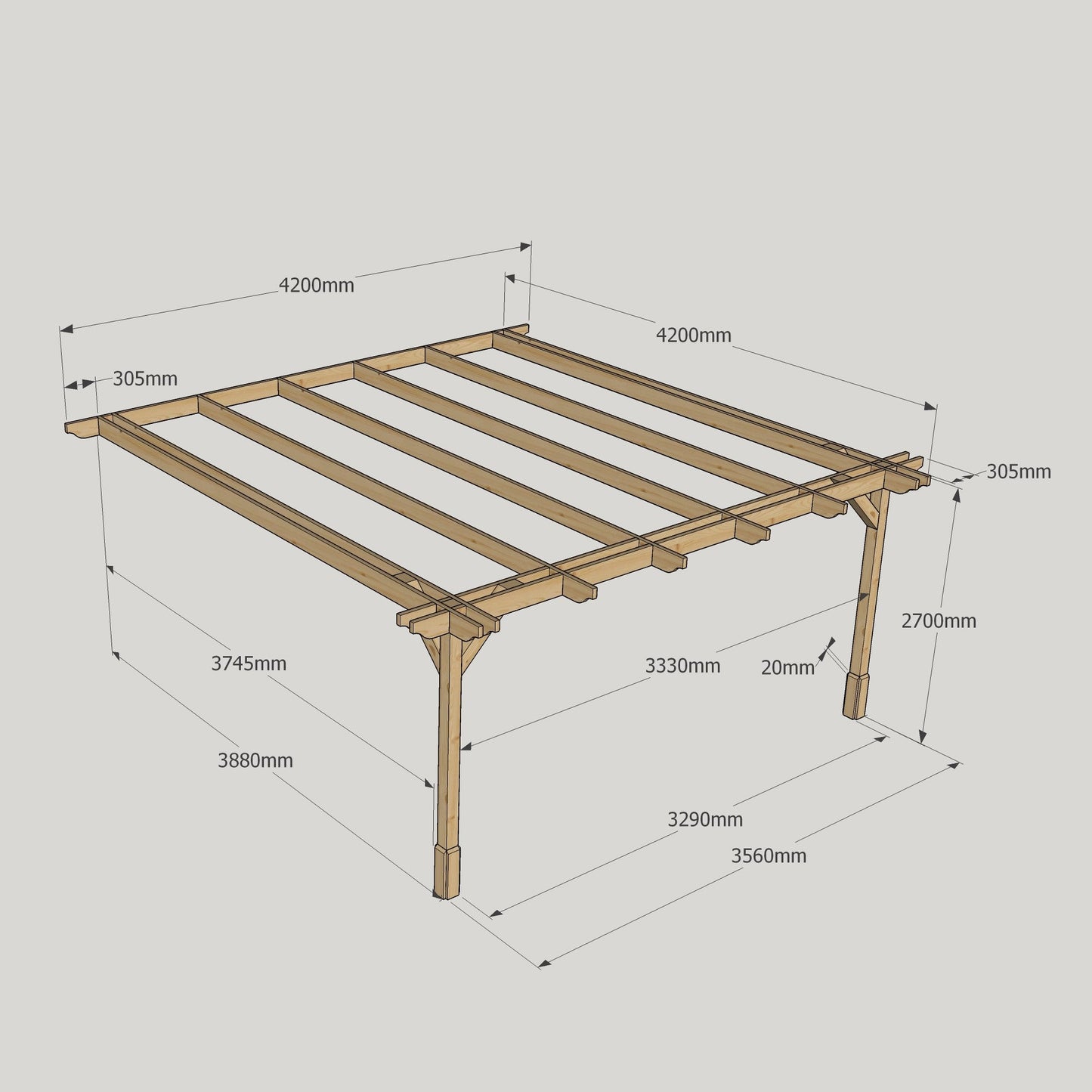 Wall Mounted Double Premium Pergola - Rustic Brown - 4.2m Depth x 4.2m Length