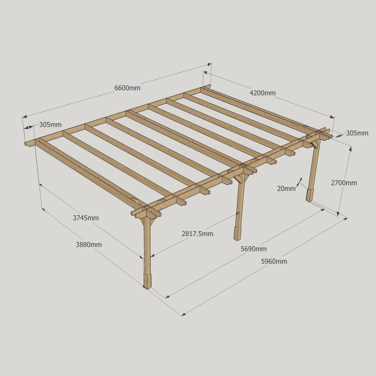 Wall Mounted Double Premium Pergola - Rustic Brown - 4.2m Depth x 6.6m Length