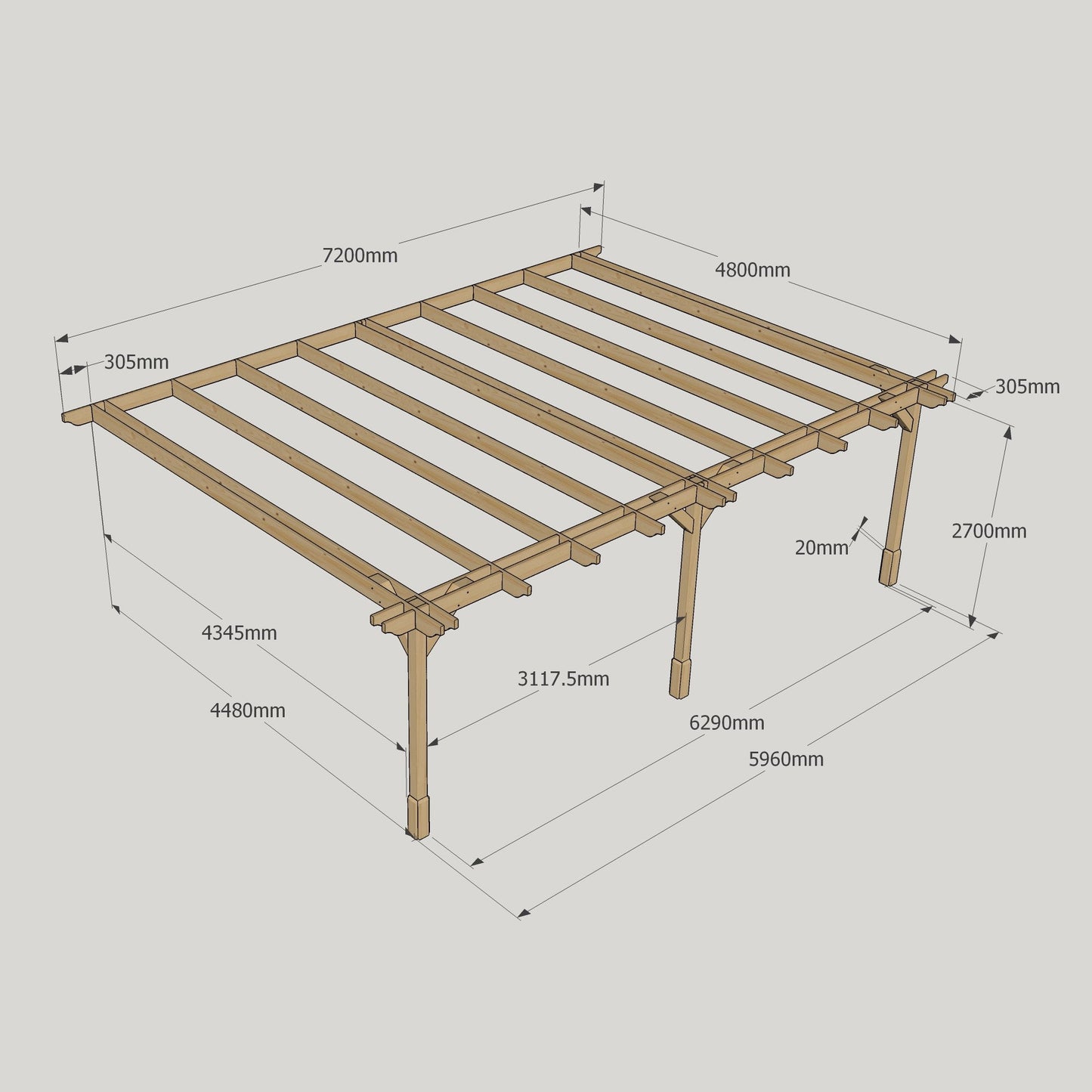Wall Mounted Double Premium Pergola - Rustic Brown - 4.8m Depth x 7.2m Length