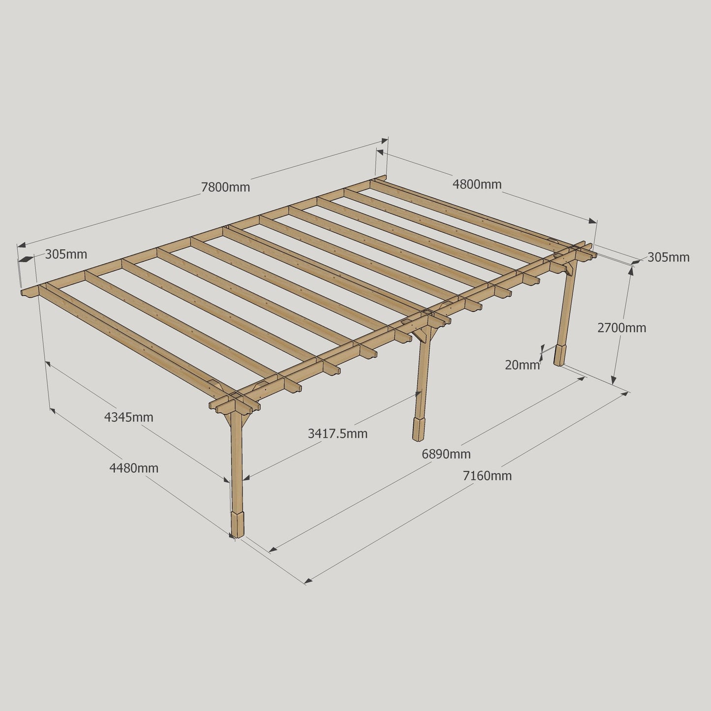 Wall Mounted Double Premium Pergola - Rustic Brown - 4.8m Depth x 7.8m Length